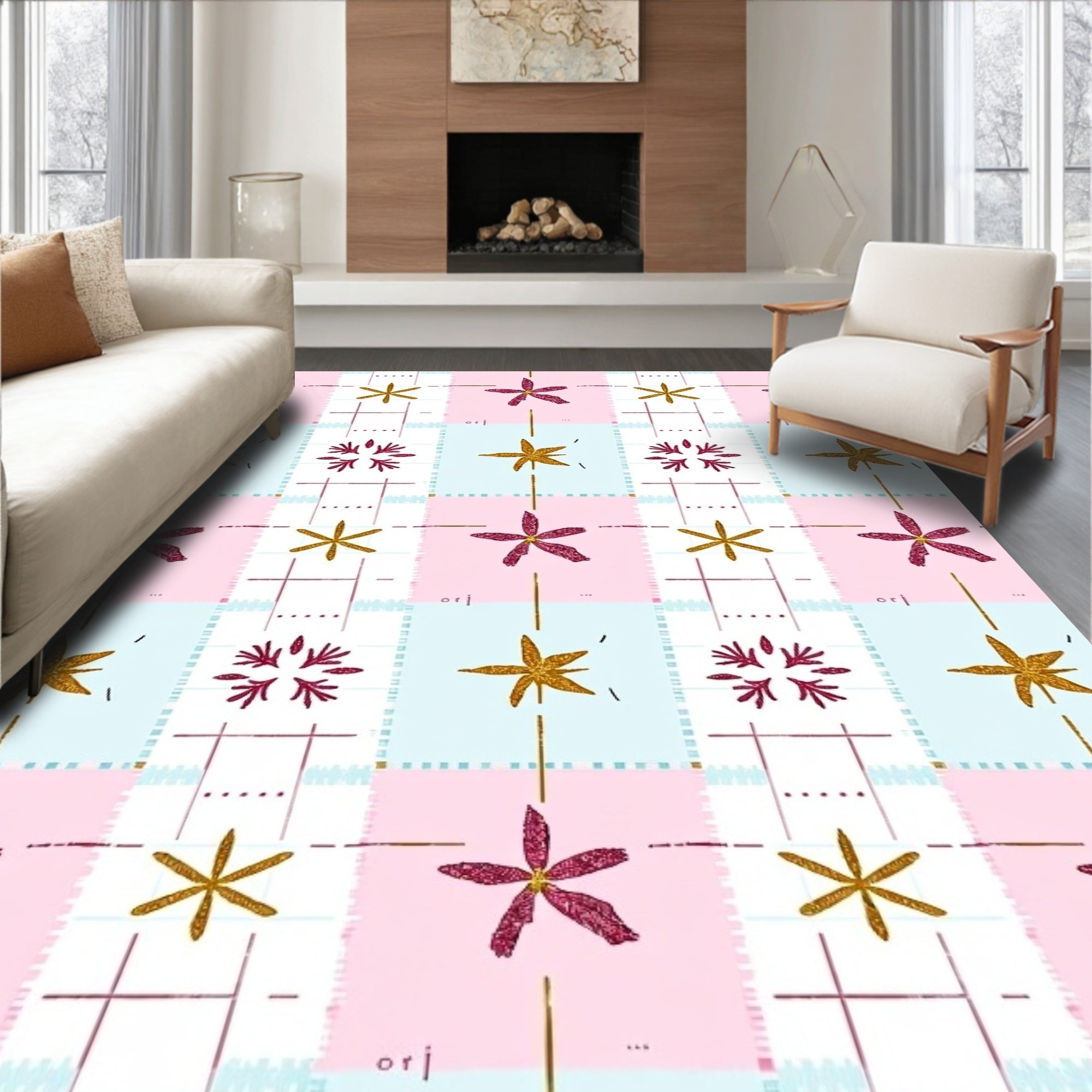 Pastel Pink Gold Star Floral Grid Rug