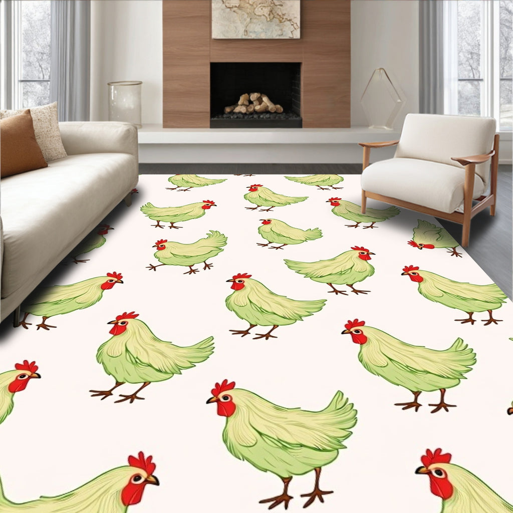 Charming Light Green Hen Motif Rug