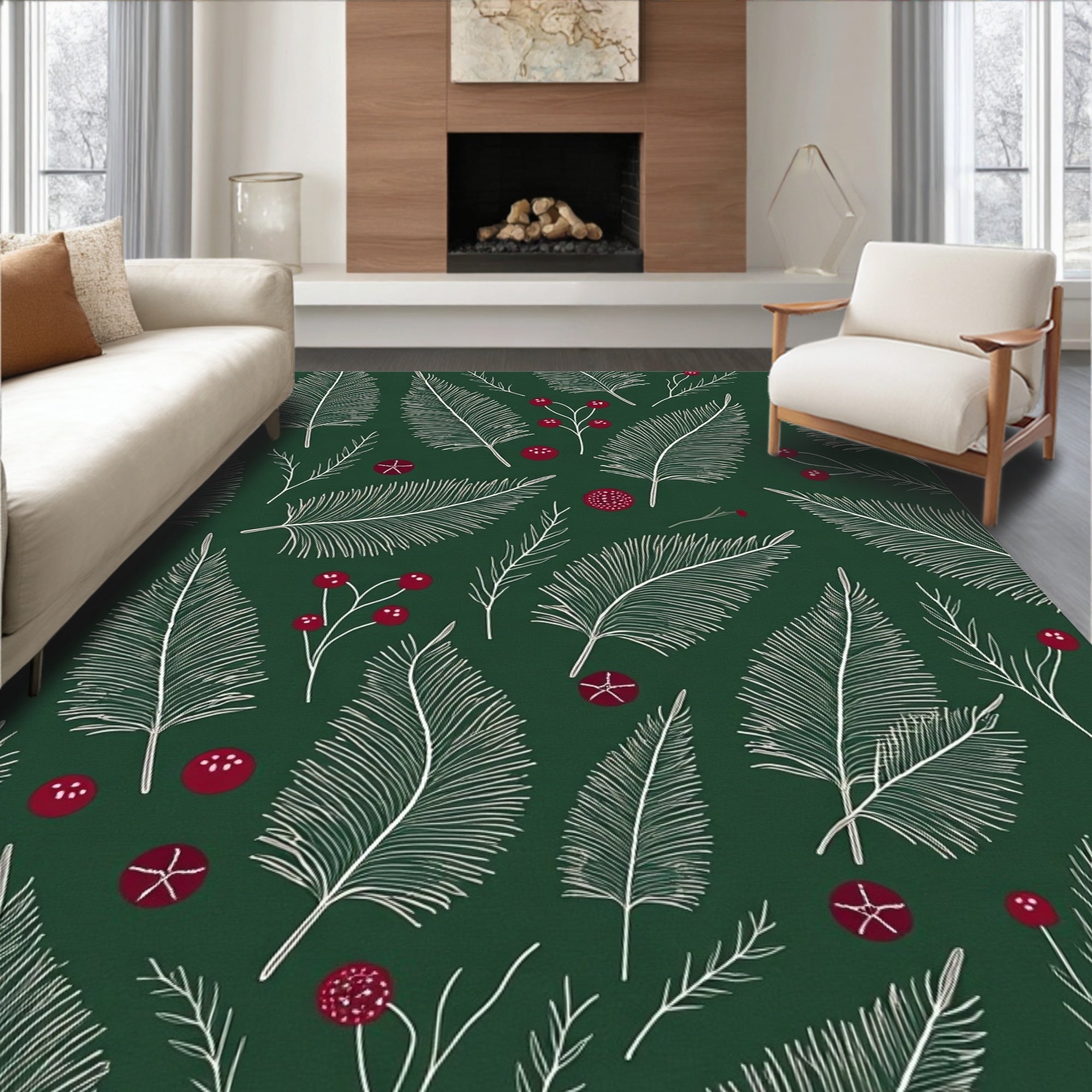 Forest Green White Pine Berry Garland Rug