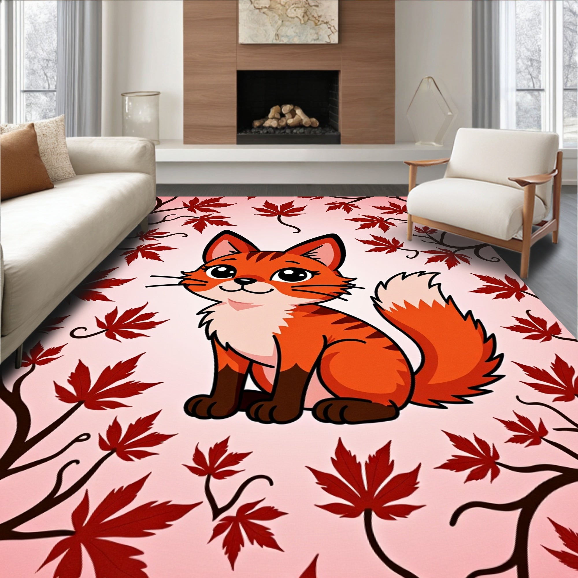 Cute Fox With Red Maple Leaves Rug