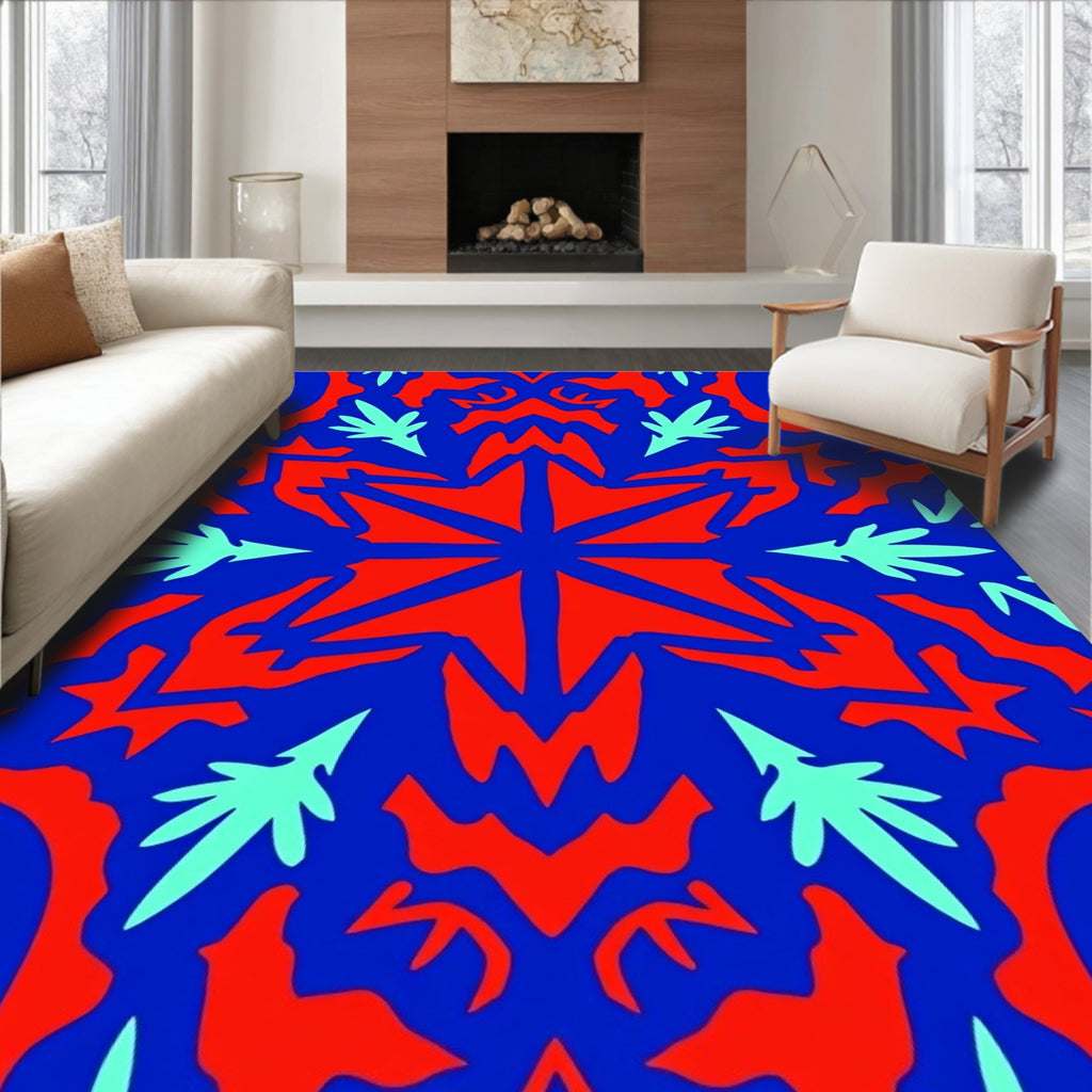 Bold Red Blue Starburst Foliage Rug