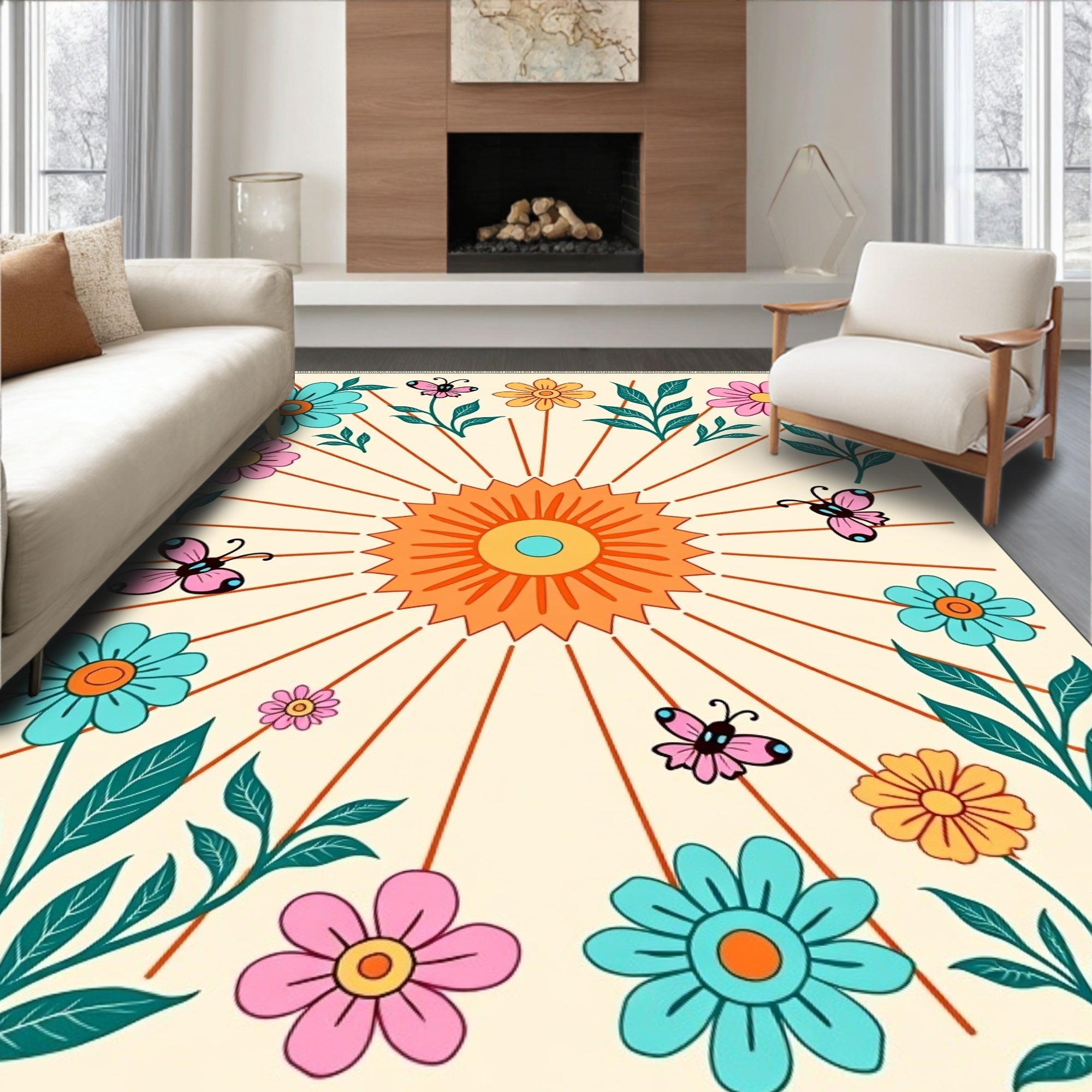 Retro Orange Sun Butterfly Floral Meadow Rug