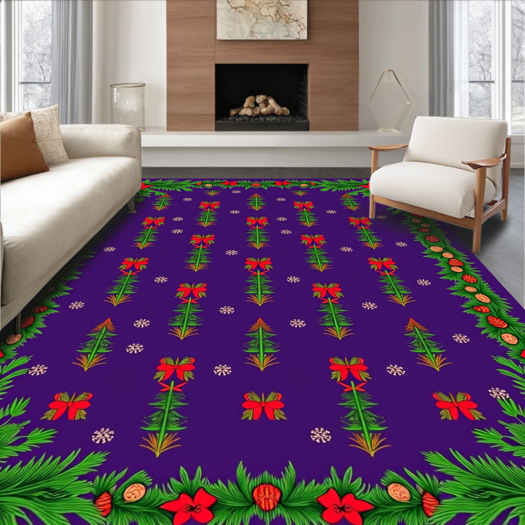 Crimson Red Bow and Spruce Garland Rug