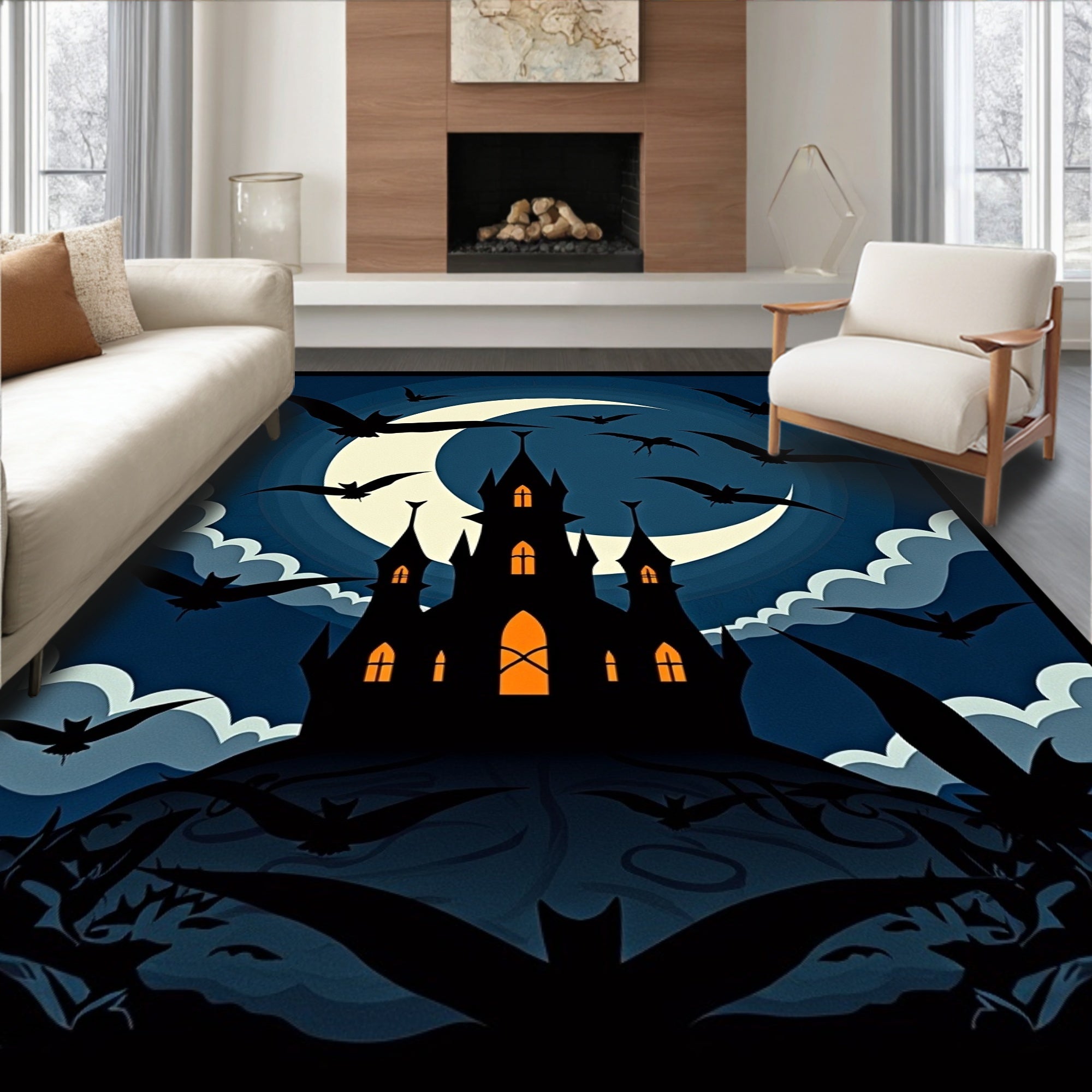 Spooky Bat Castle Moonlit Night Rug
