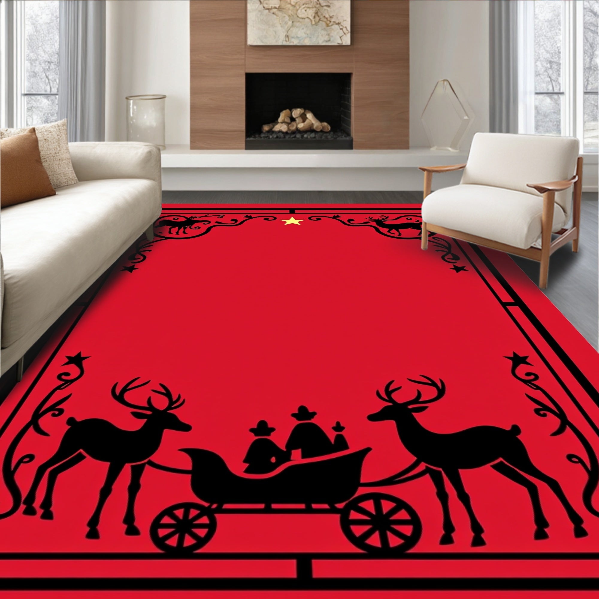 Crimson Sleigh Reindeer Star Frame Rug