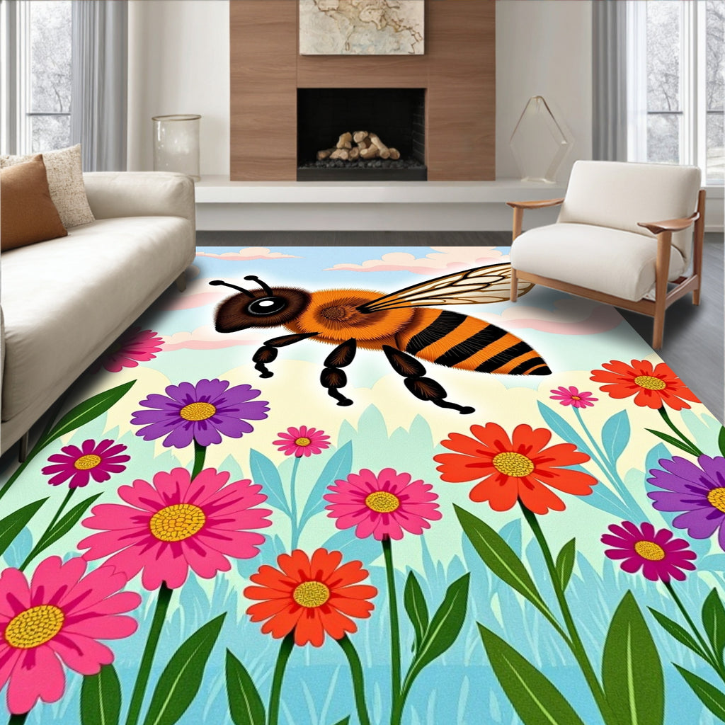 Whimsical Bee Flower Meadow Rug