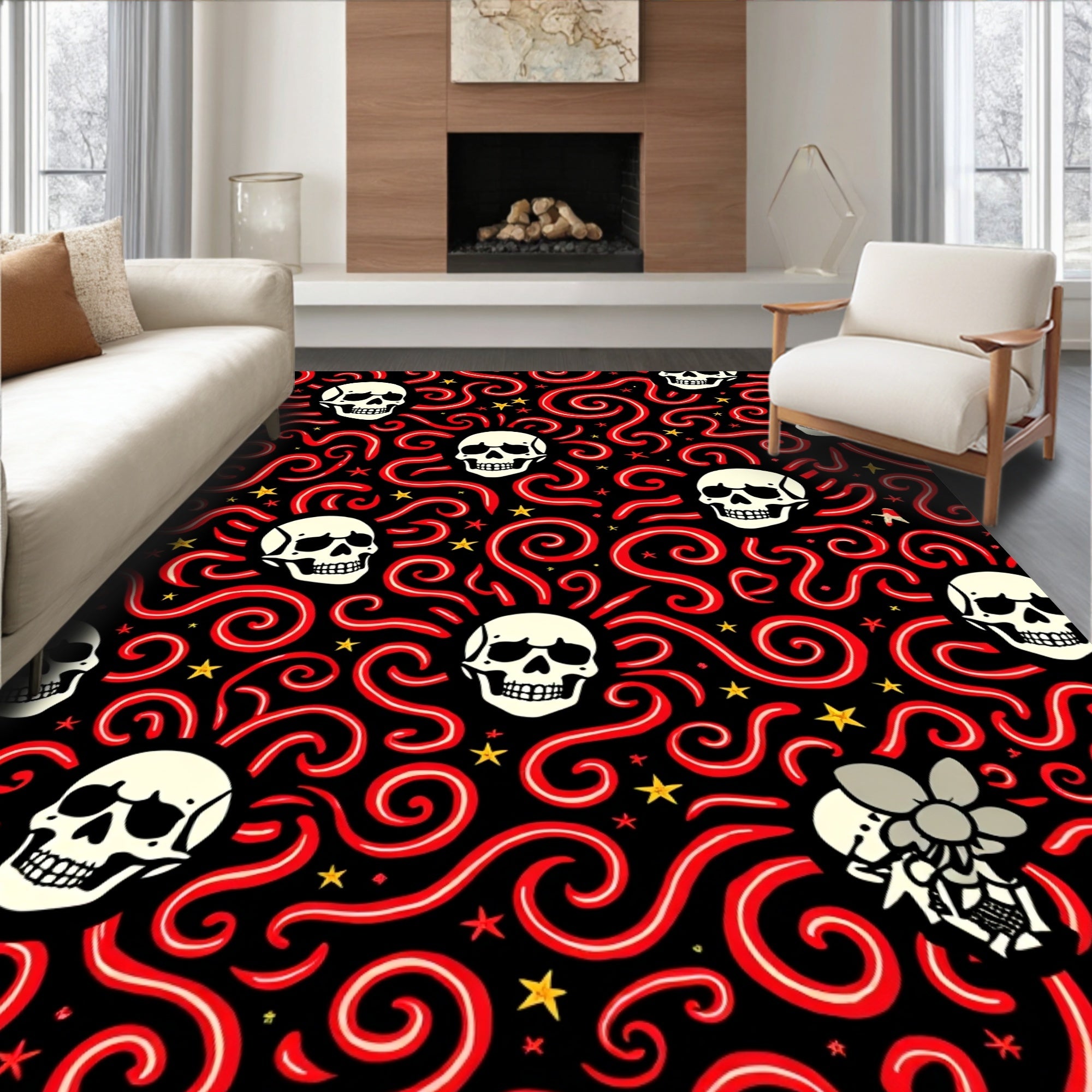 Whimsical Skull Swirl Star Rug