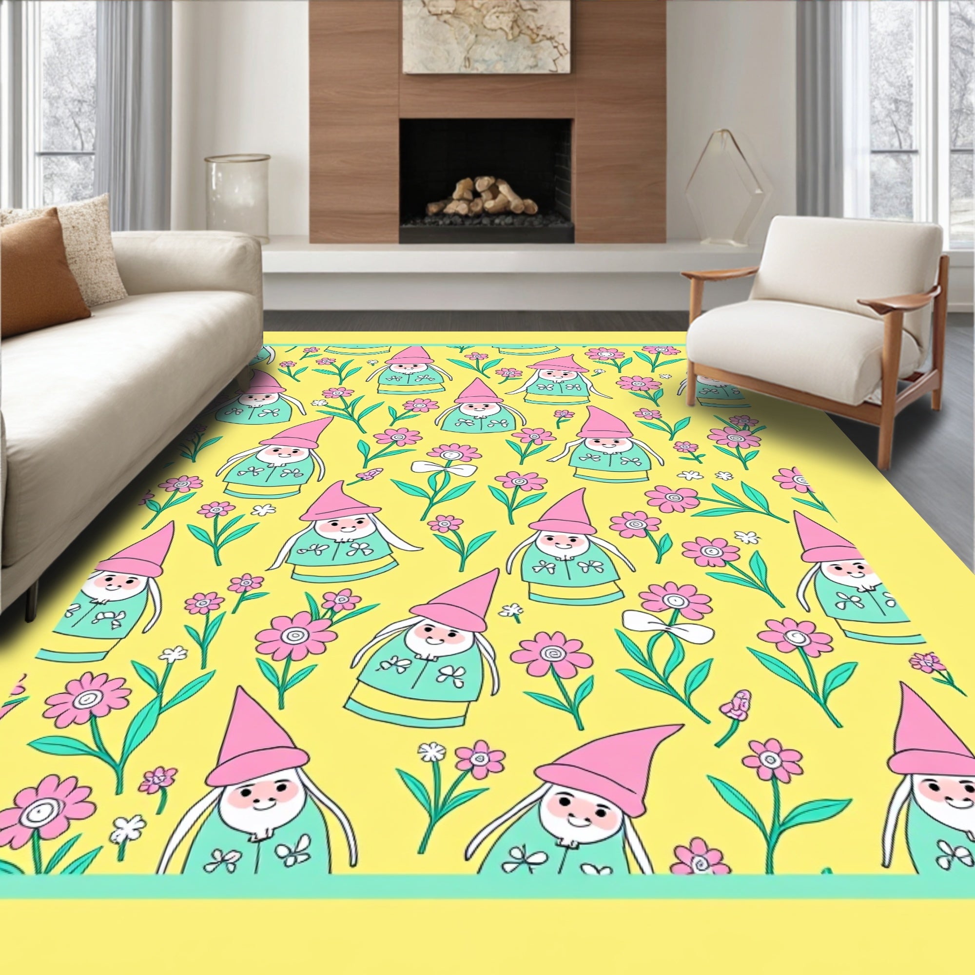 Whimsical Pink Gnome Floral Garden Rug