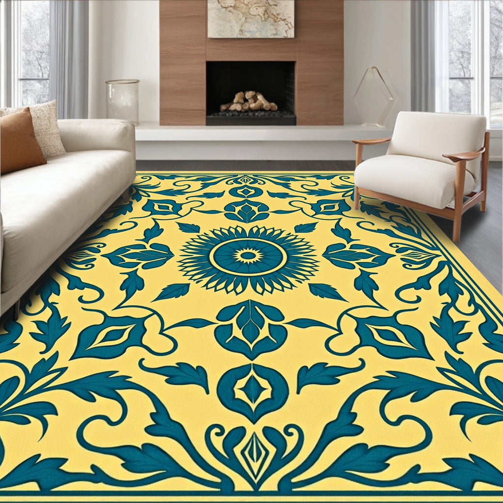 Yellow Teal Floral Medallion Area Rug