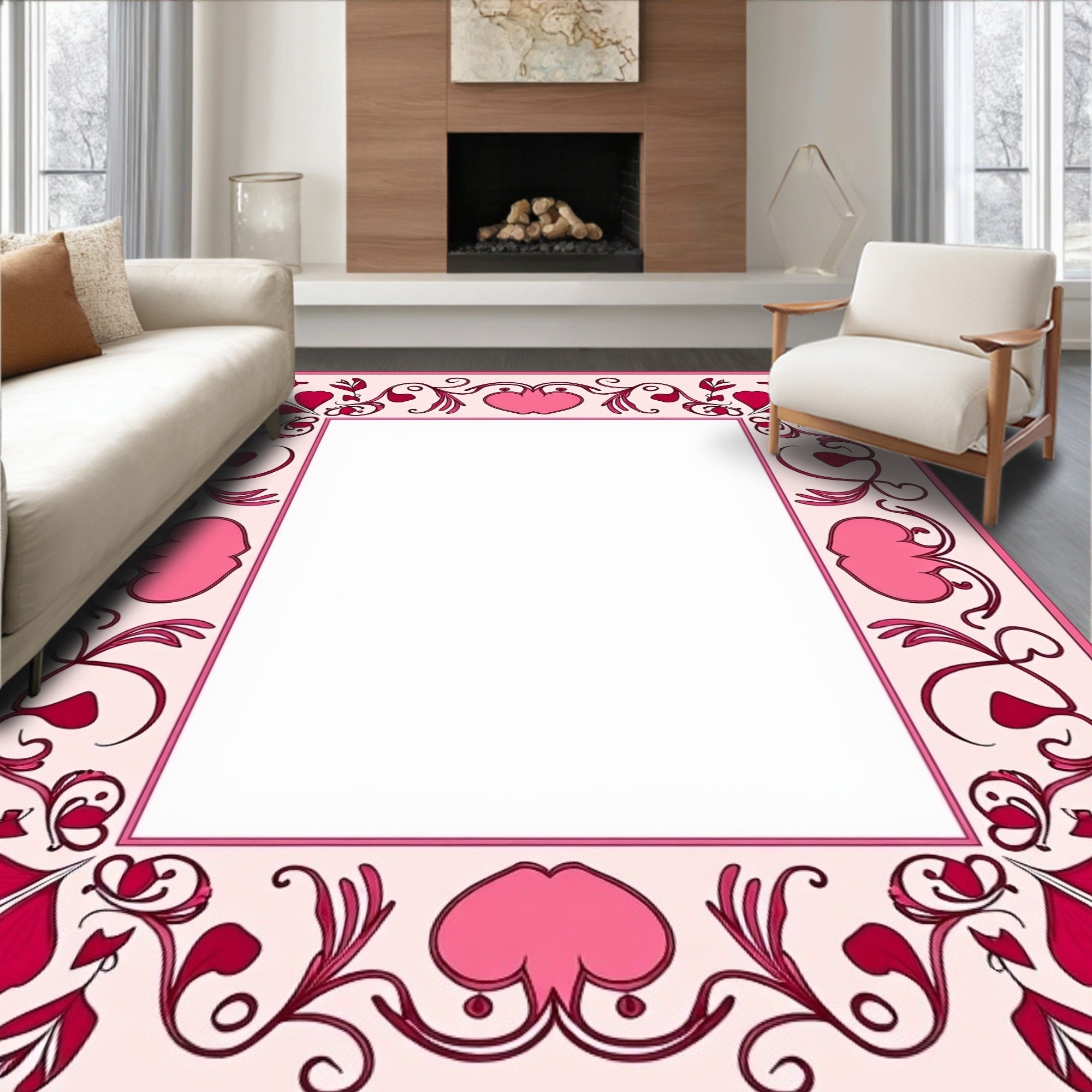 Pink Crimson Floral Scroll Heart Rug
