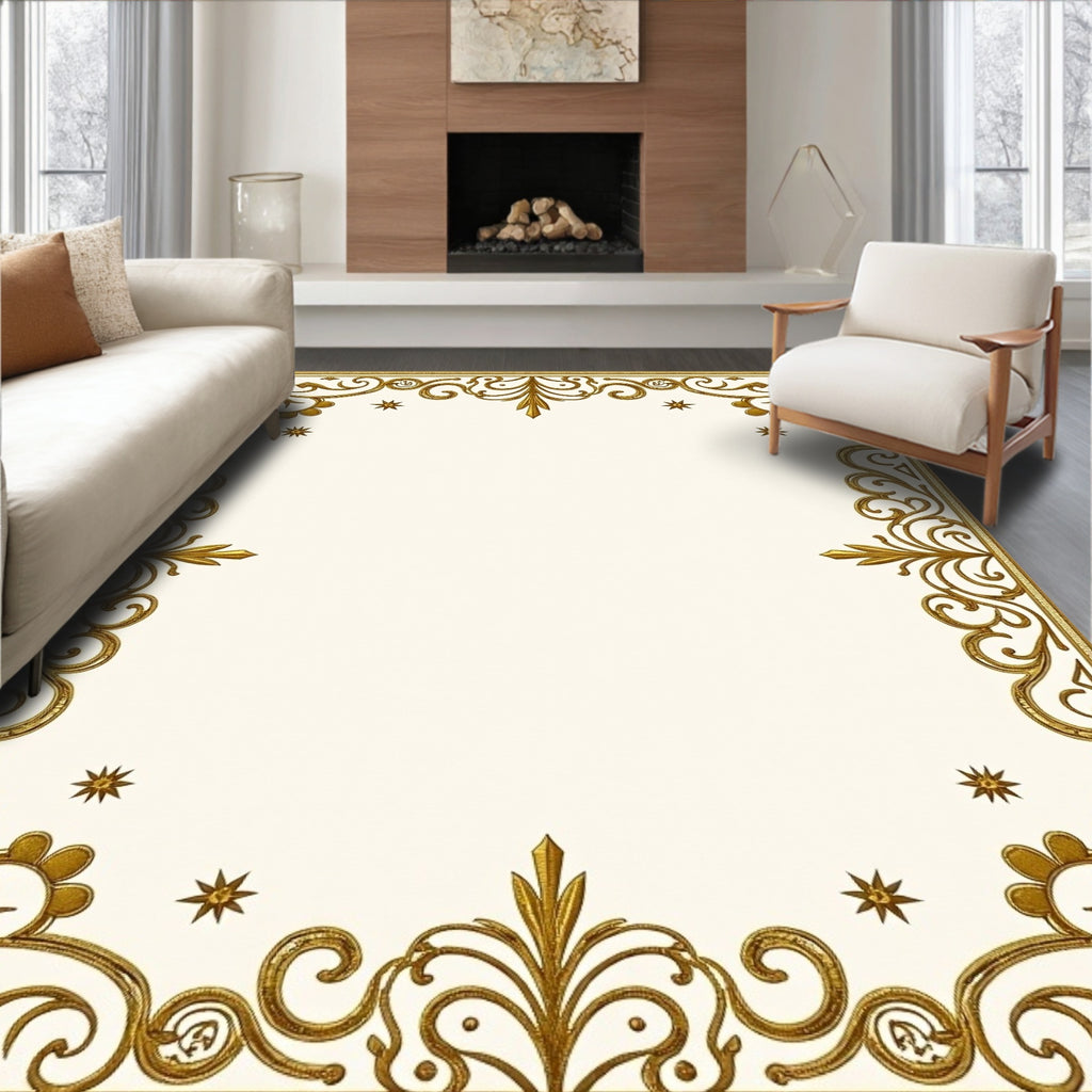 Ornate Gold Filigree Scroll Border Rug