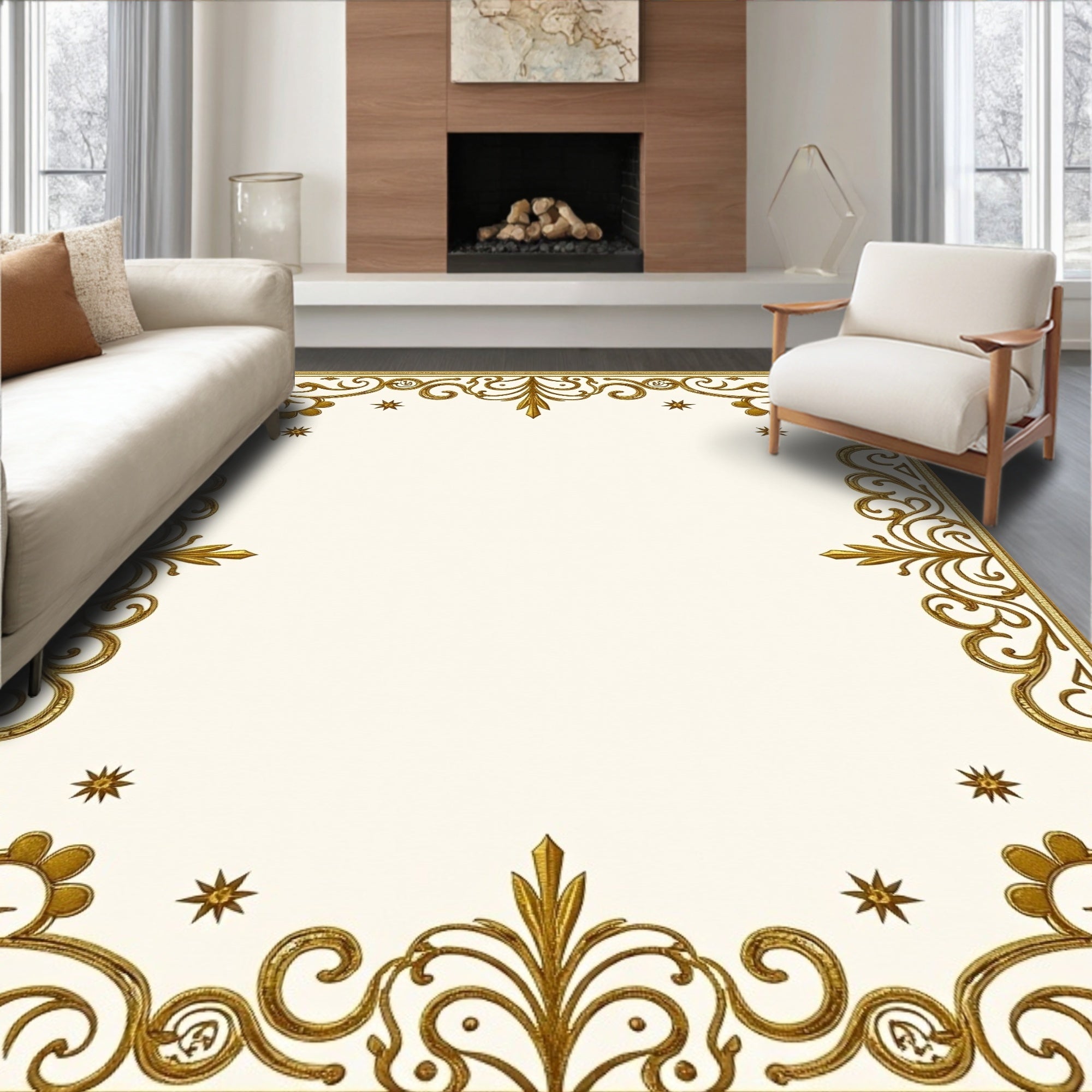 Ornate Gold Filigree Scroll Border Rug