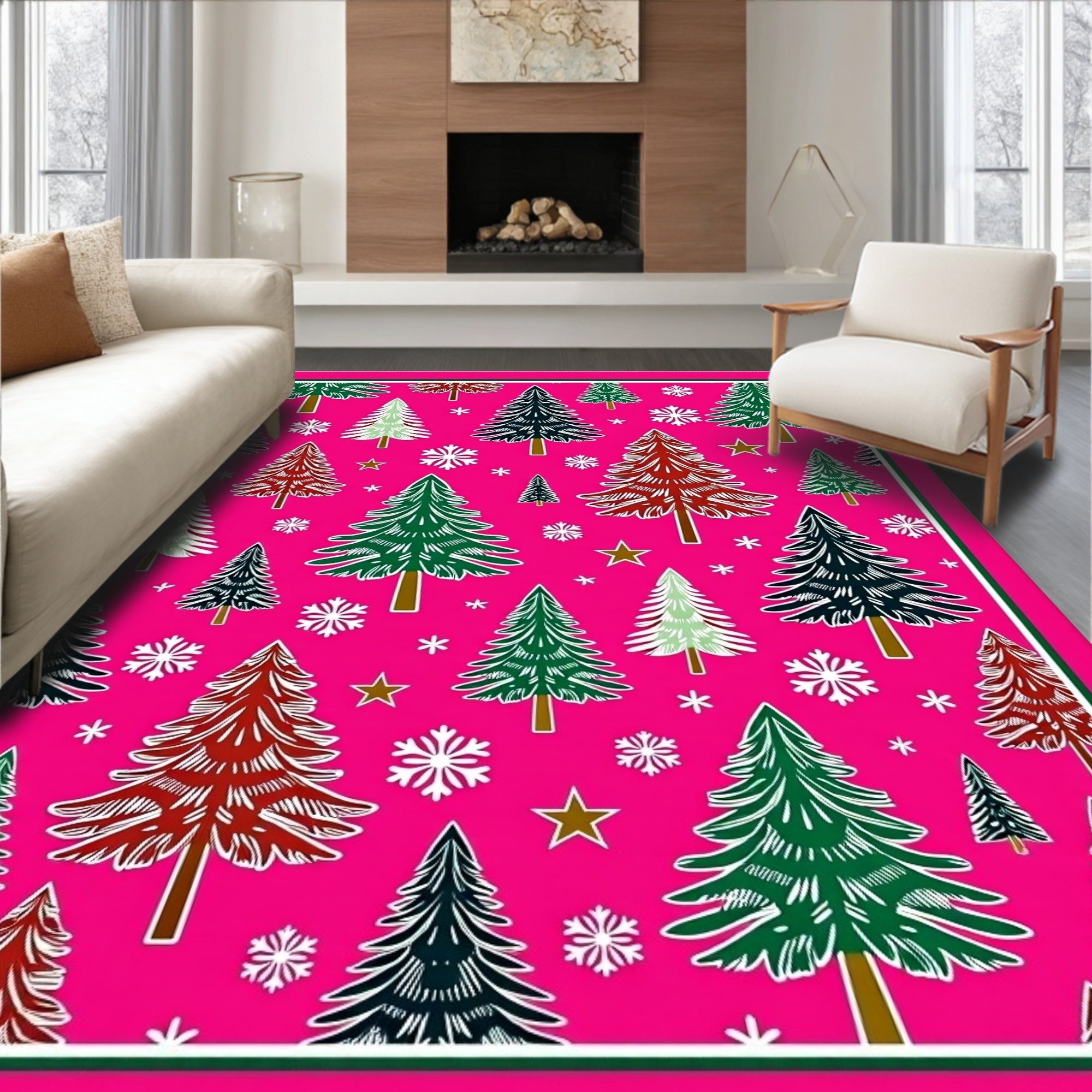 Vibrant Pink Evergreen Snowflake Medley Rug