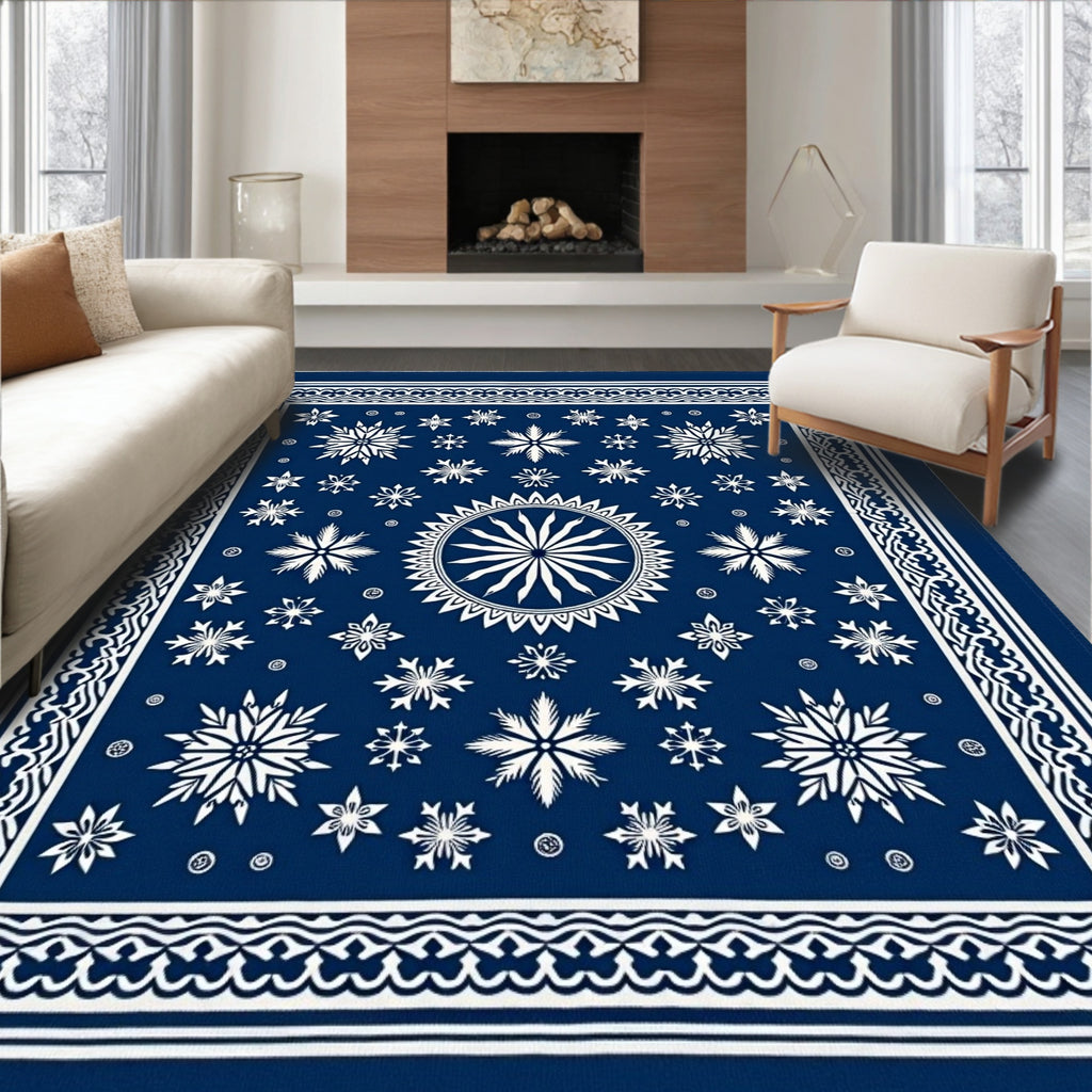 Deep Blue Winter Snowflake Medallion Rug