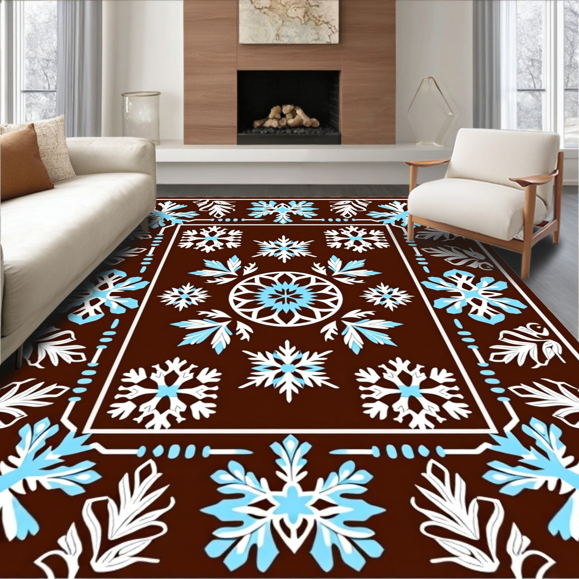 Brown White Blue Snowflake Medallion Rug