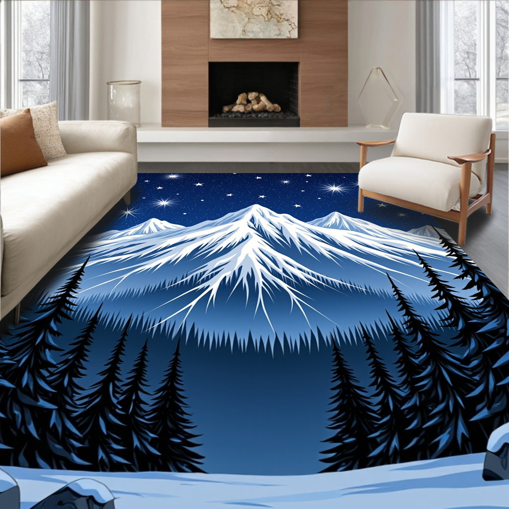 Midnight Blue Snowy Mountains Starry Night Rug