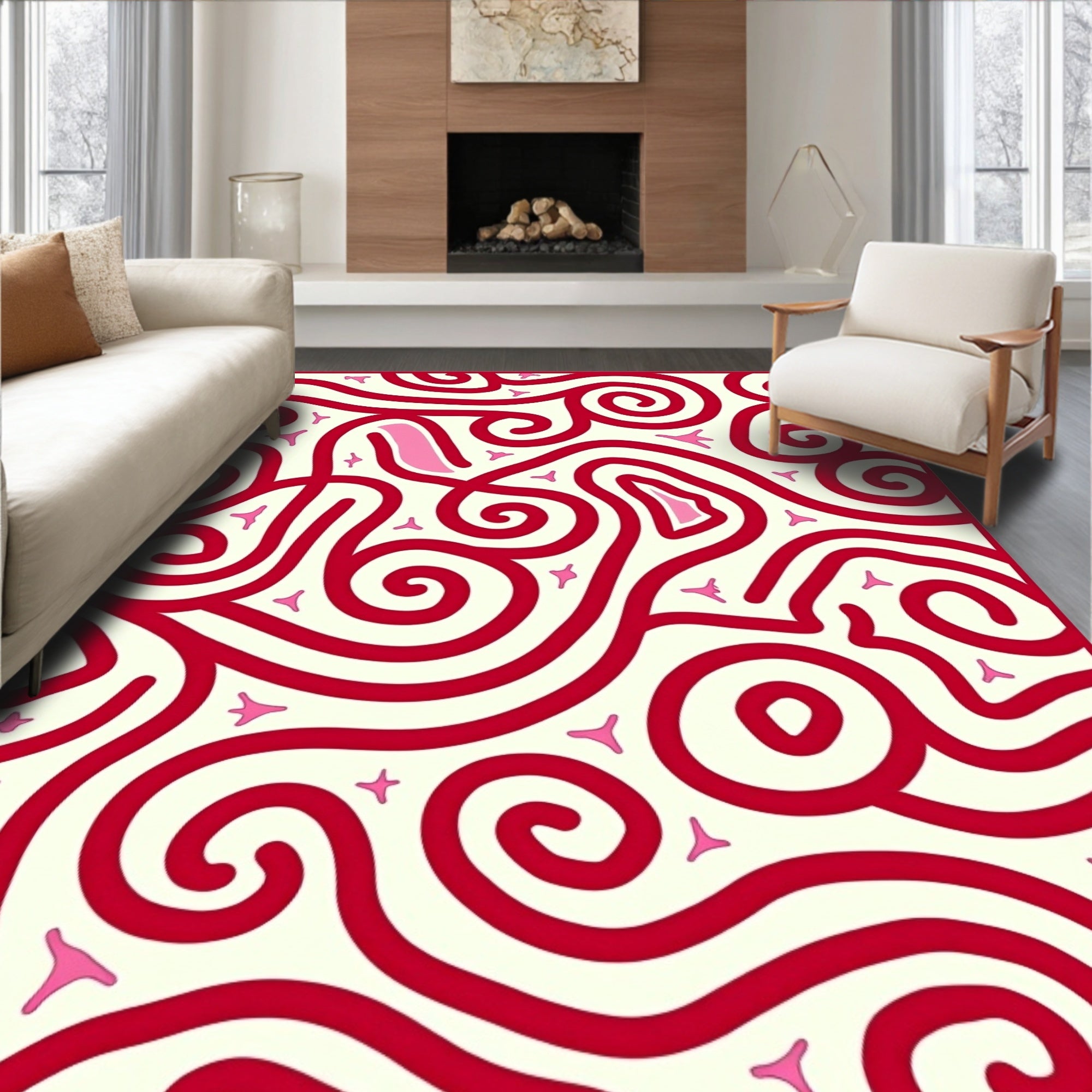 Crimson Swirl Abstract With Pink Accents Rug