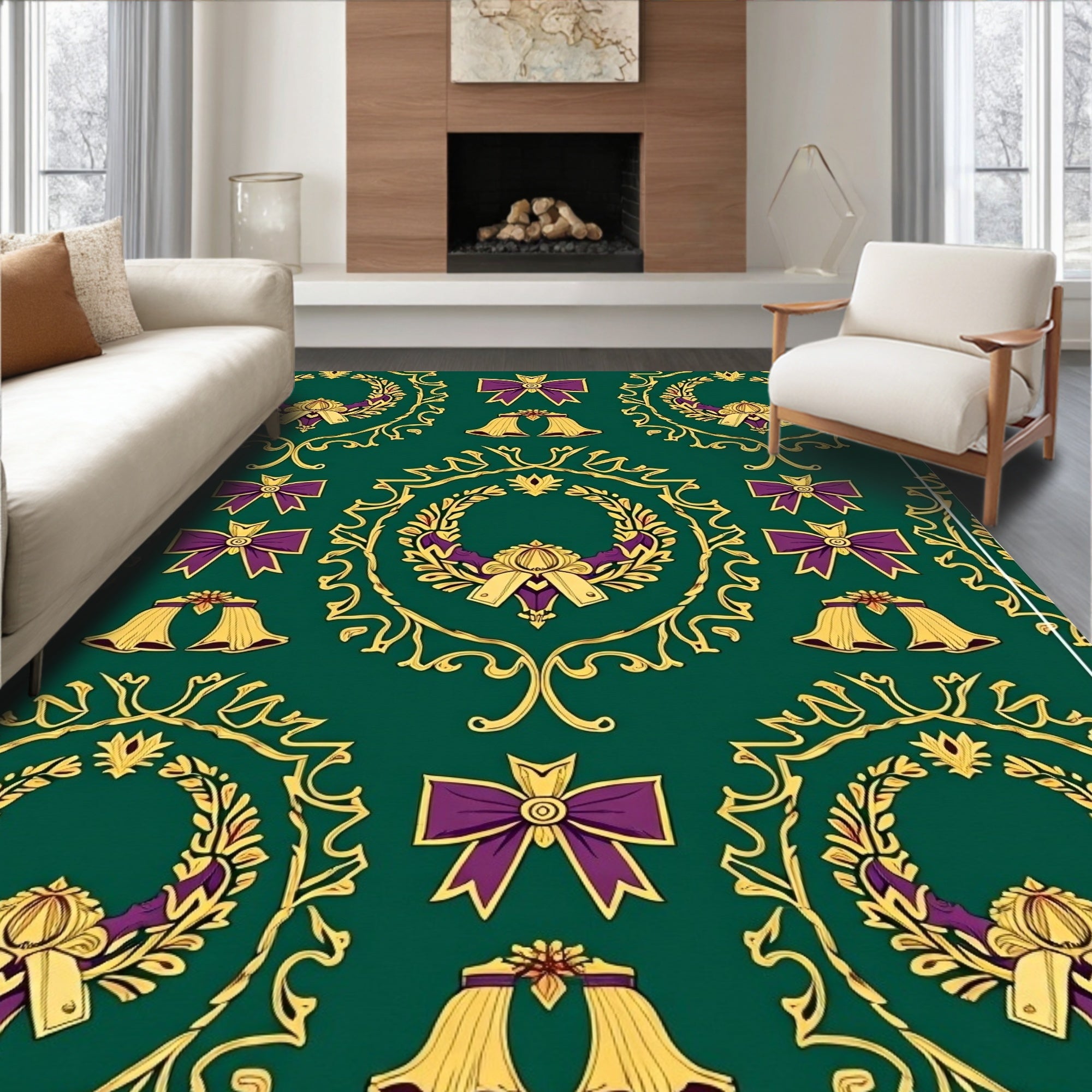 Emerald Green Golden Ribbon Wreath Collection Rug
