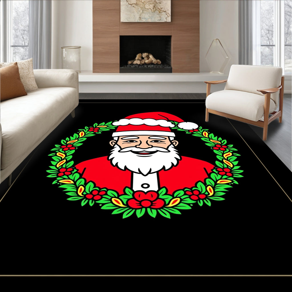 Classic Red Santa Wreath Christmas Rug