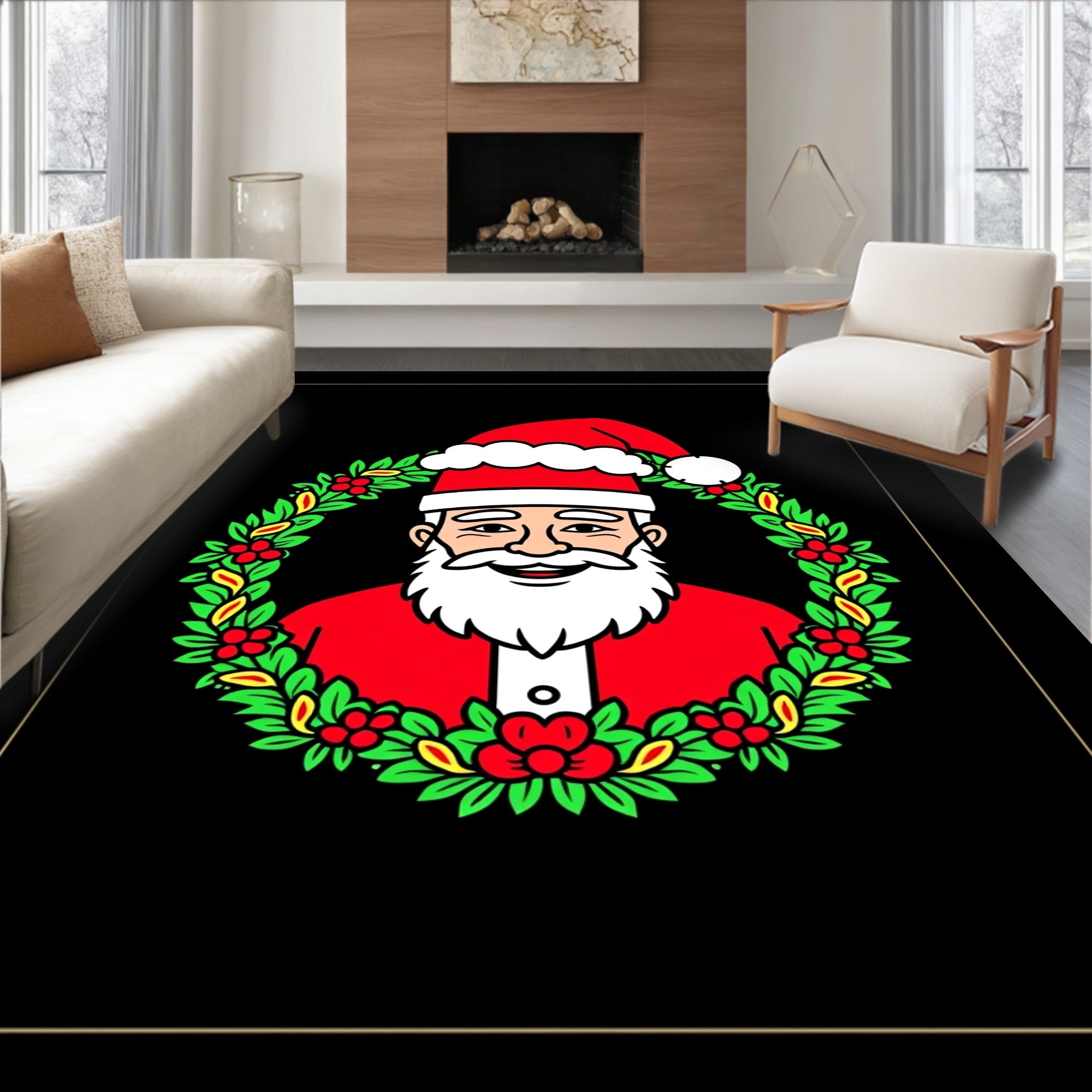 Classic Red Santa Wreath Christmas Rug