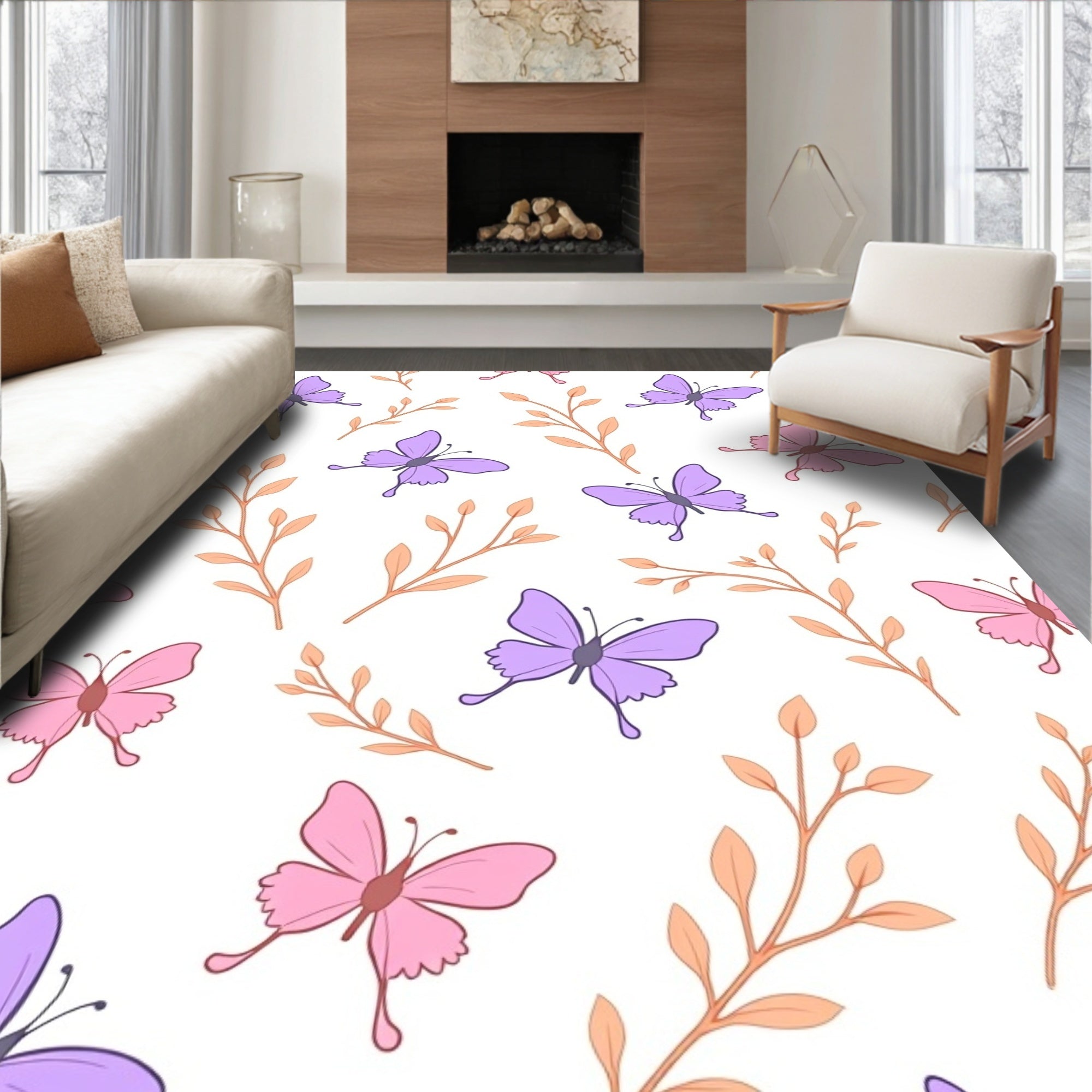 Pastel Purple Pink Butterfly Branches Rug