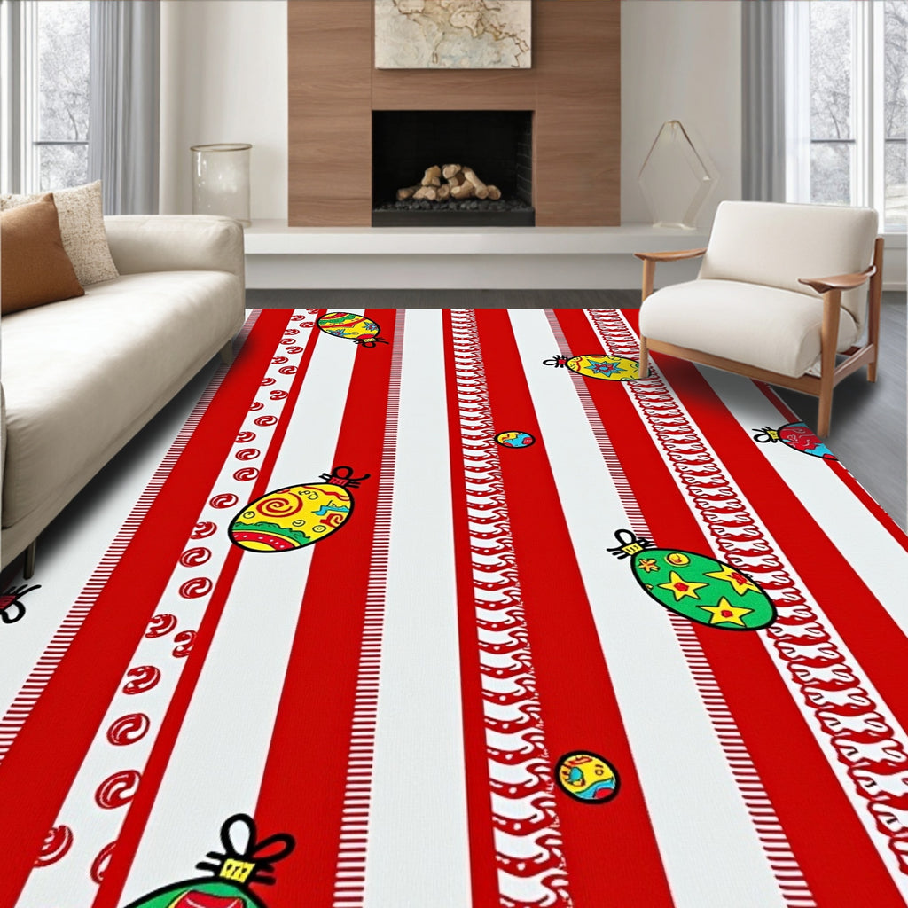 Festive Red Striped Holiday Ornaments Rug