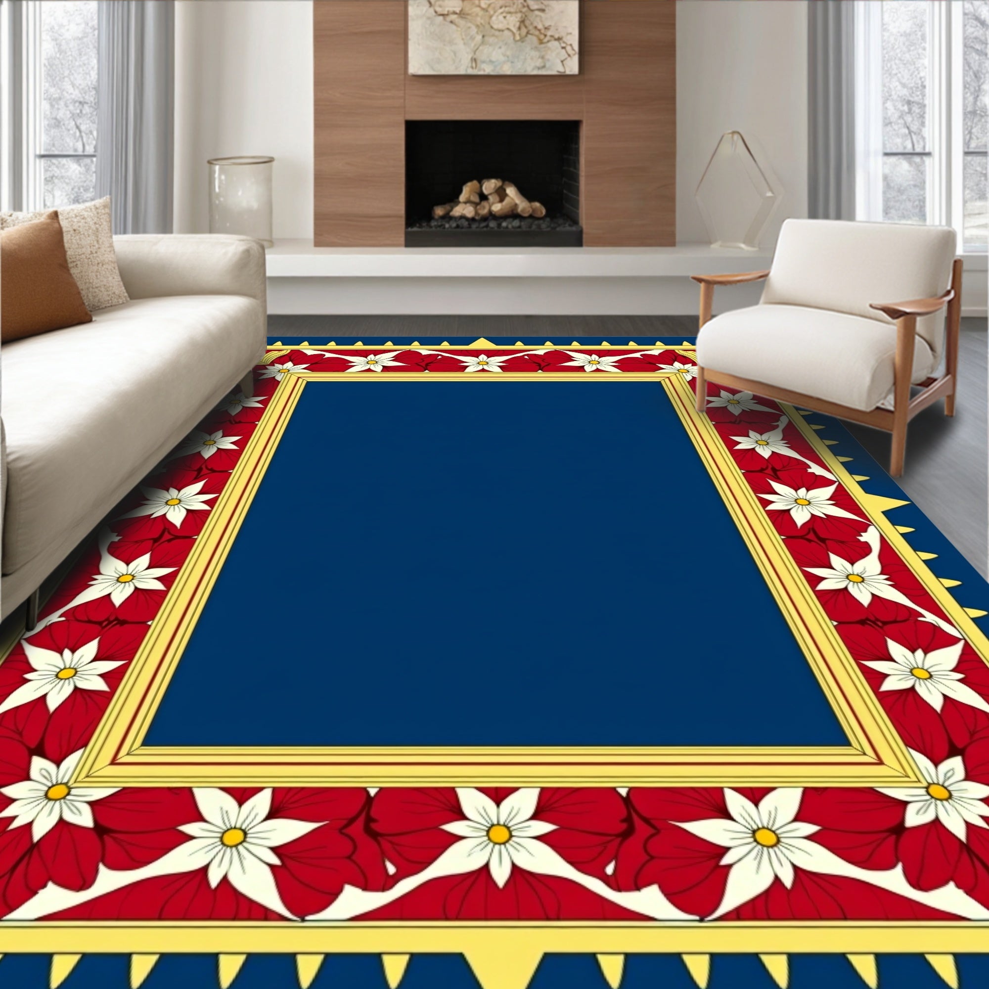 Crimson White Floral Golden Border Rug