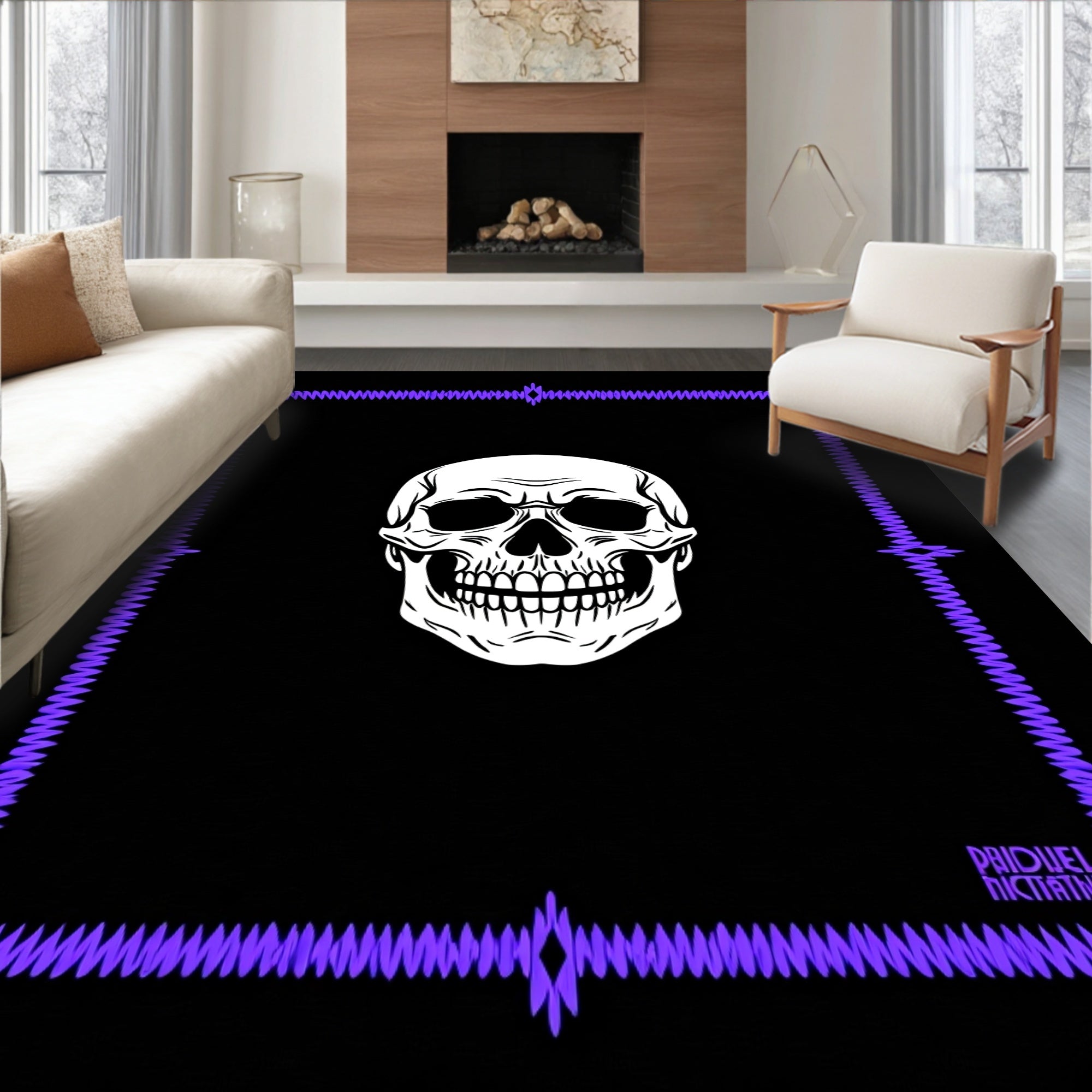 Gothic White Skull Purple Border Rug