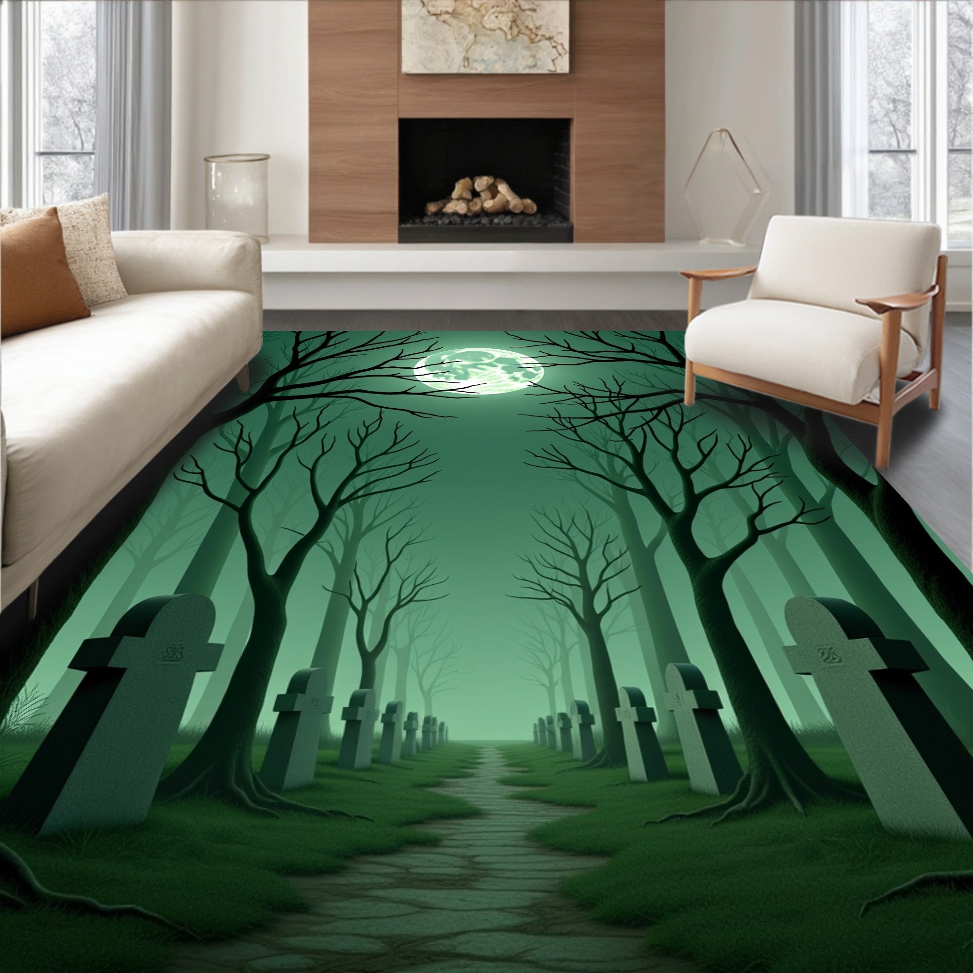Eerie Green Moonlit Cemetery Path Rug
