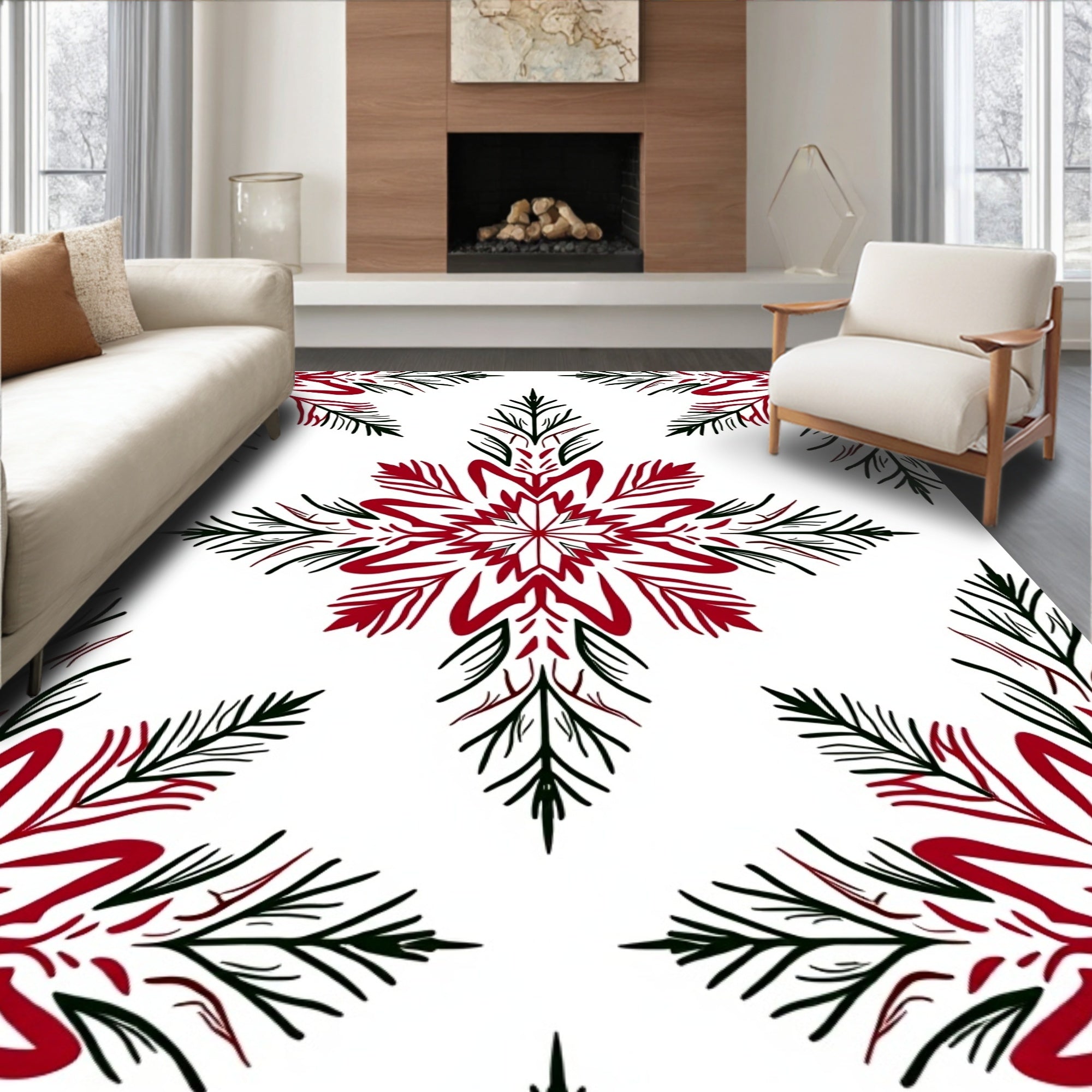 Rustic Red Green Snowflake Mandala Rug