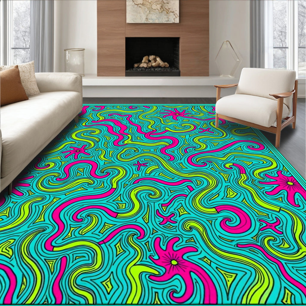 Vibrant Psychedelic Swirl Coral Bloom Rug