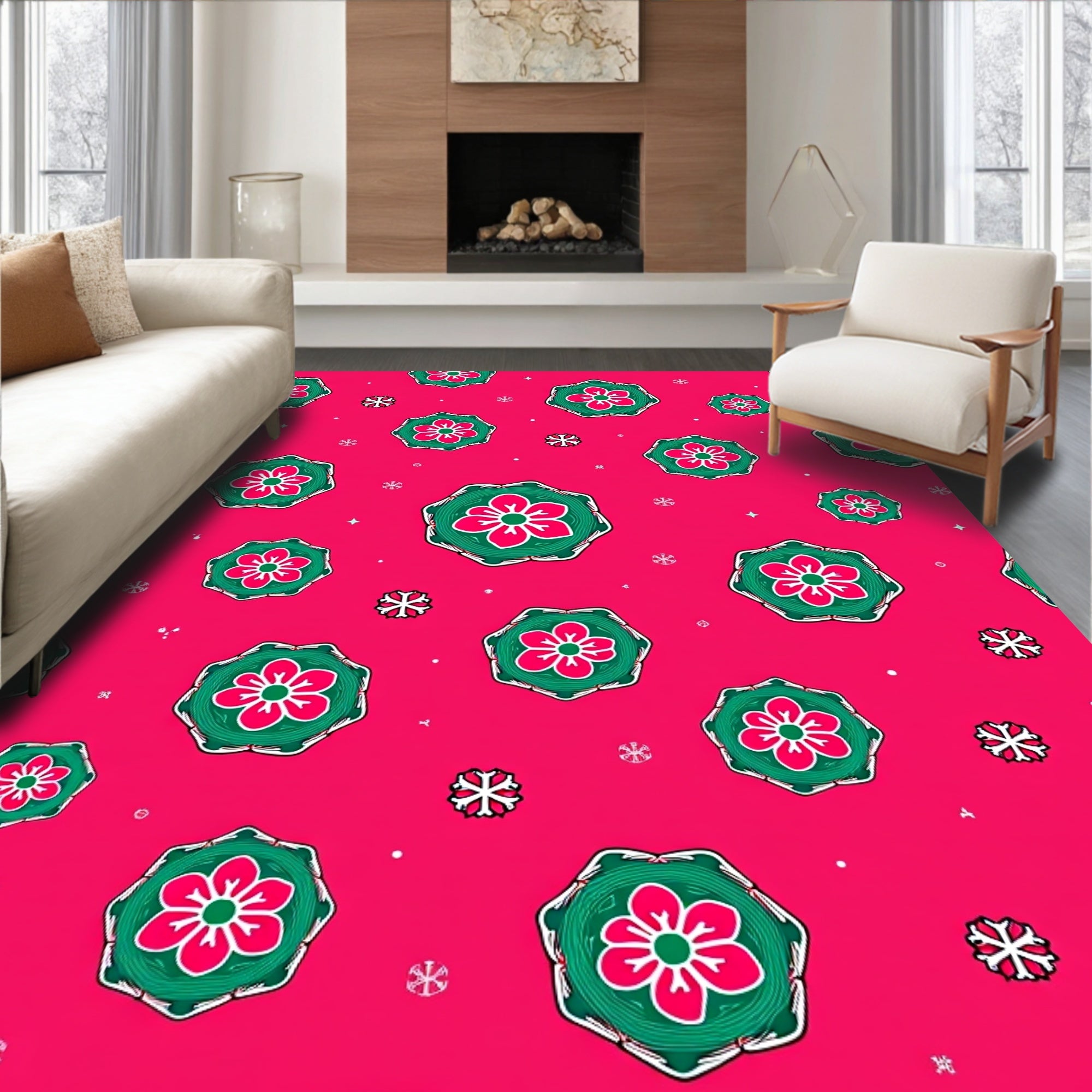Fuchsia Pink Floral Medallion Scatter Rug