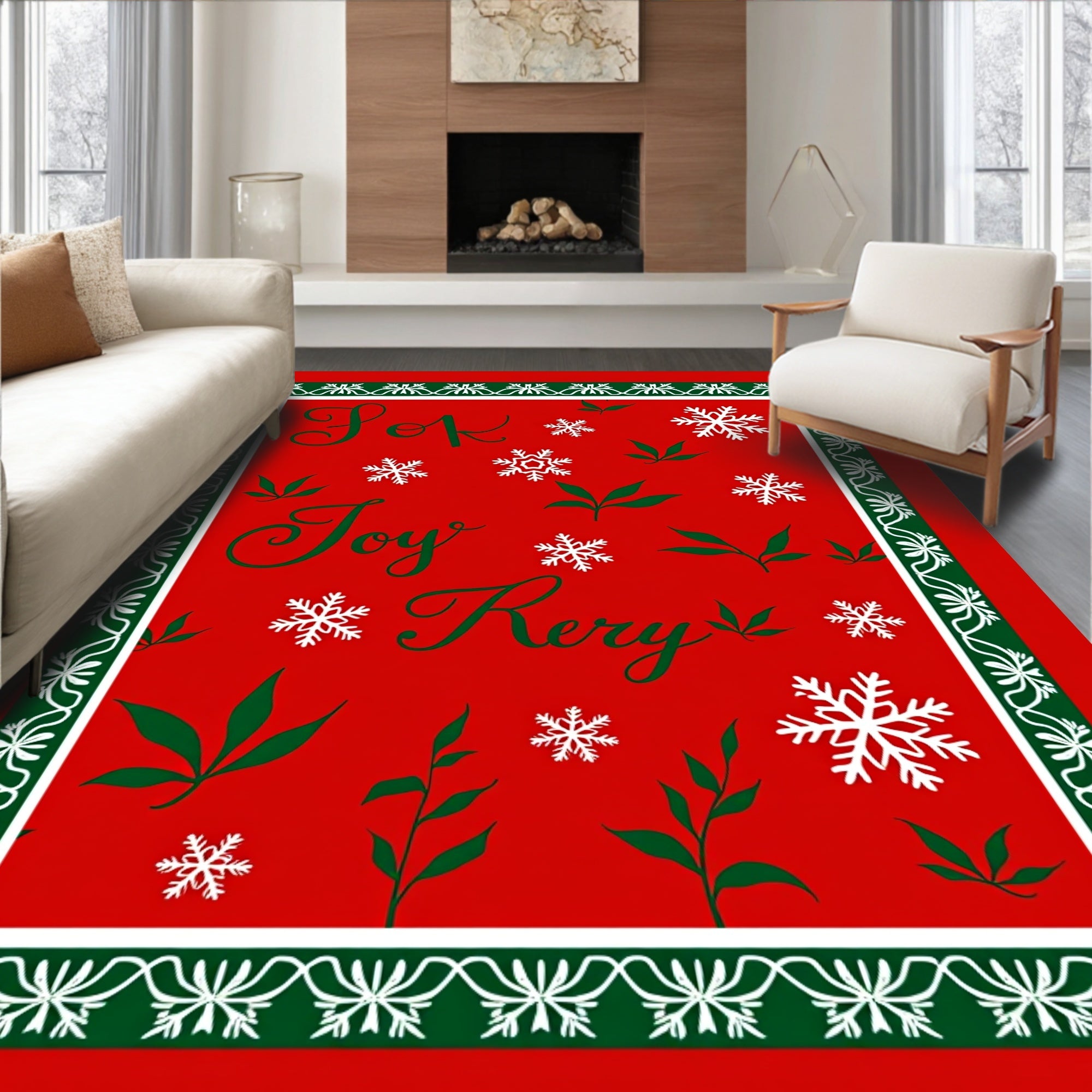 Festive Red Holly Snowflake Border Rug
