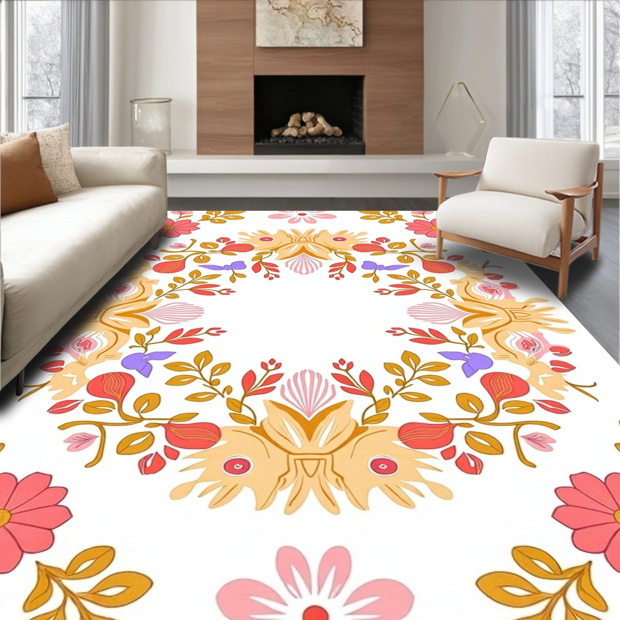 Whimsical Coral Floral Crest Rug