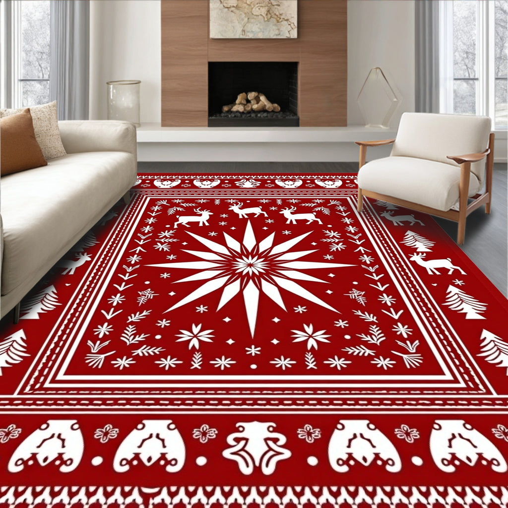 Red Festive Christmas Deer Star Rug