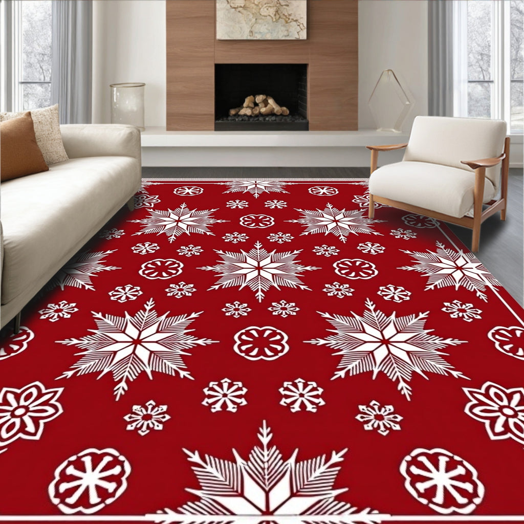 Crimson White Snowflake Cluster Medallion Rug