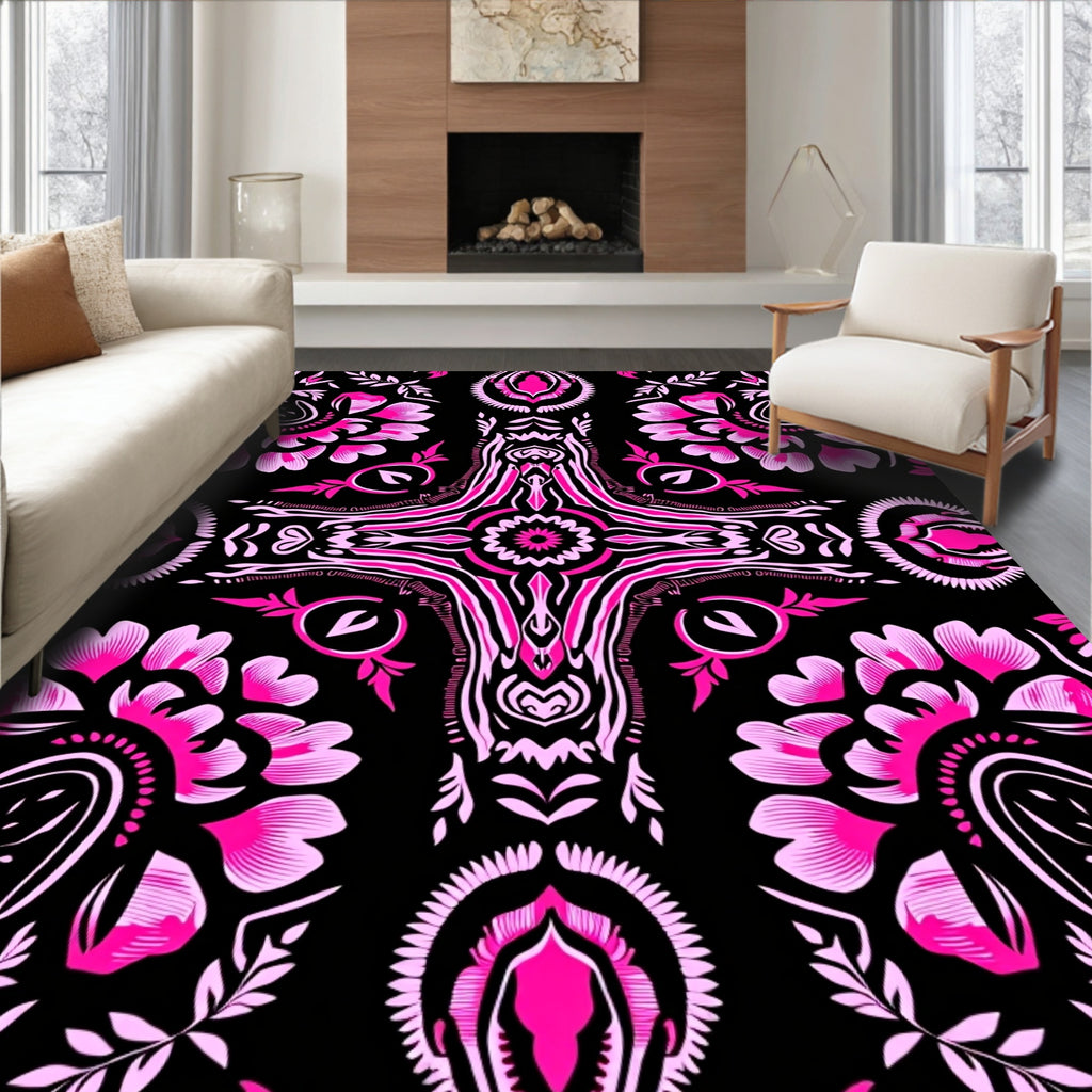 Vibrant Pink Floral Black Kaleidoscope Rug