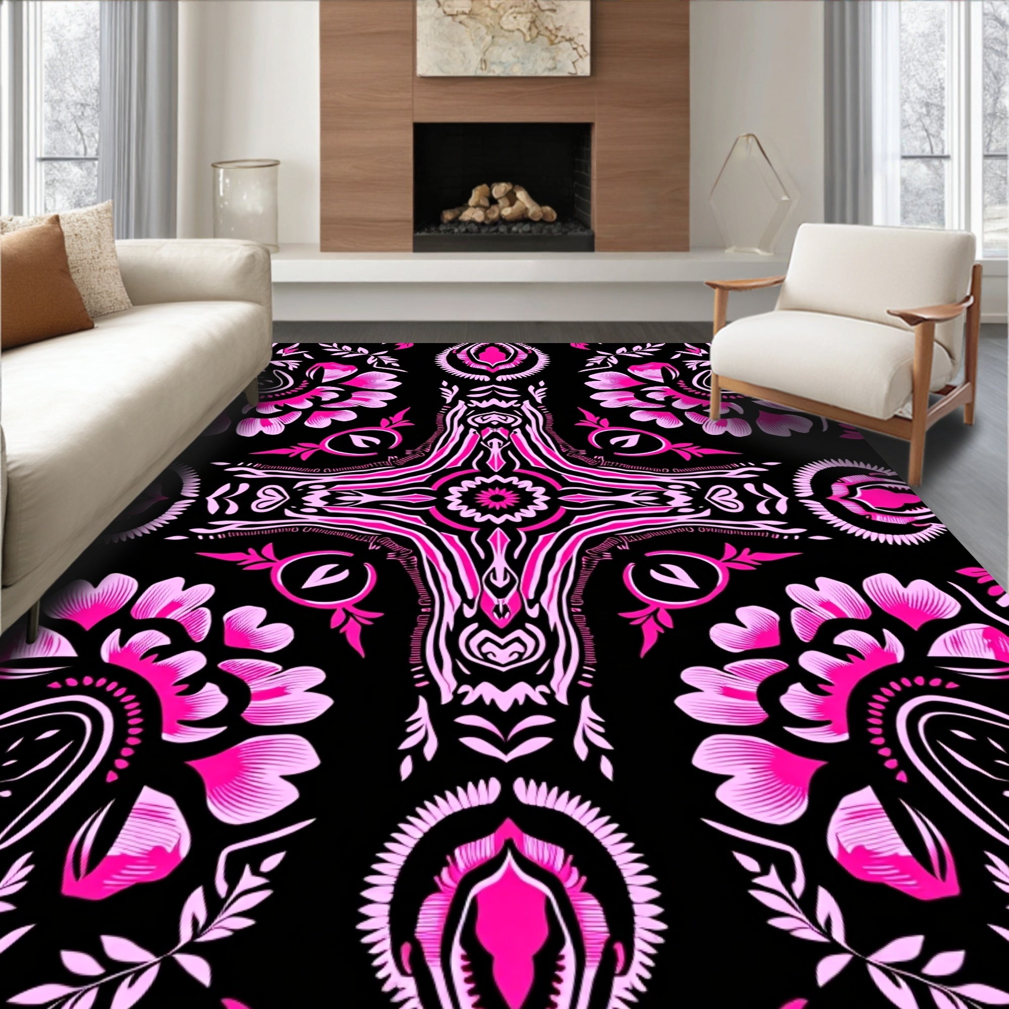 Vibrant Pink Floral Black Kaleidoscope Rug