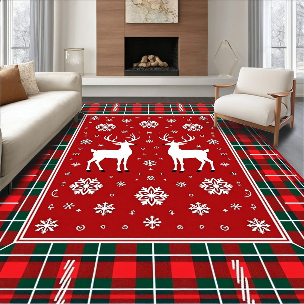 Red Plaid Reindeer Snowflake Collage Rug