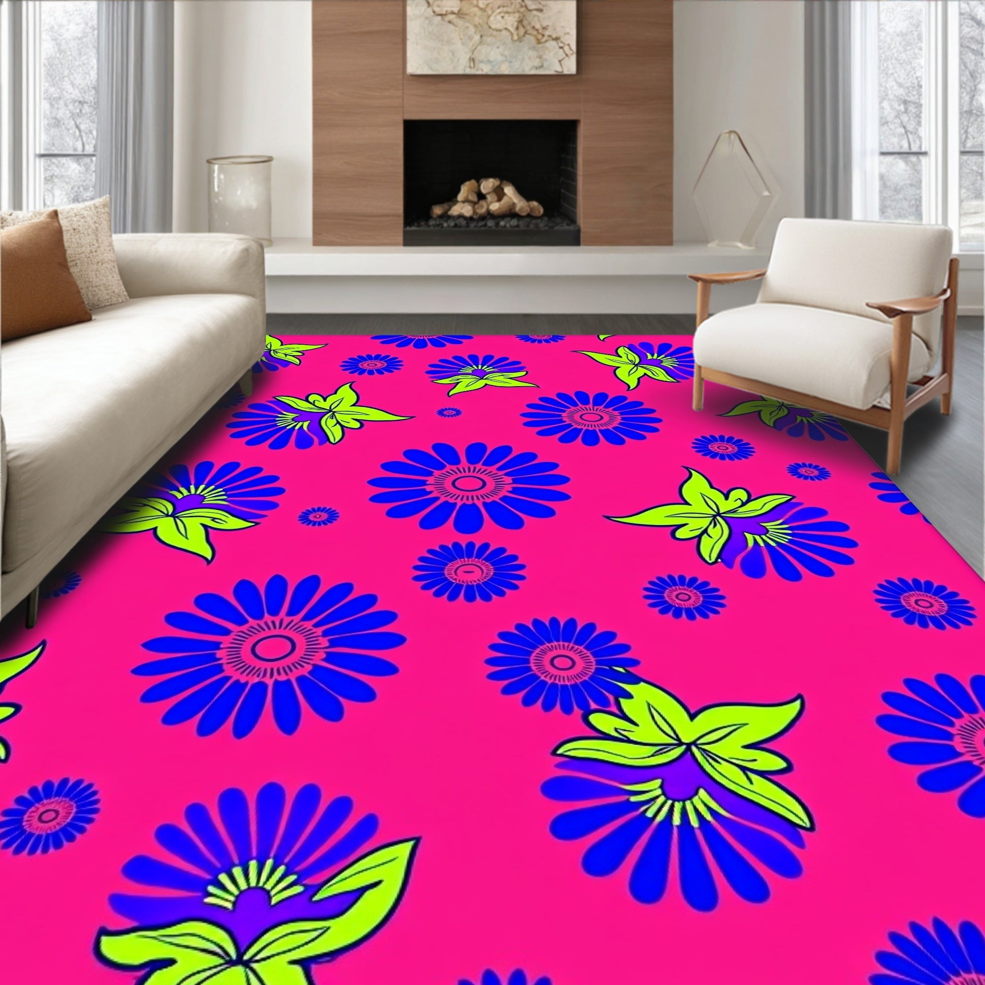 Vibrant Blue Flower Garden Pink Rug