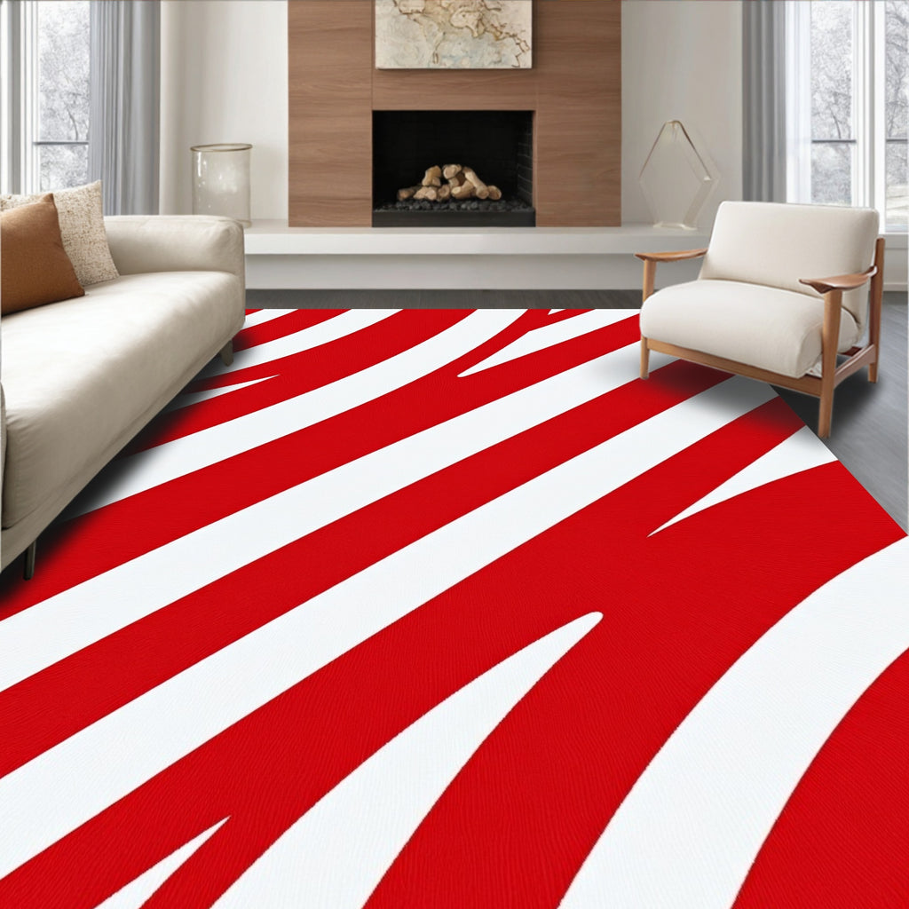 Bold Red White Diagonal Swirls Rug