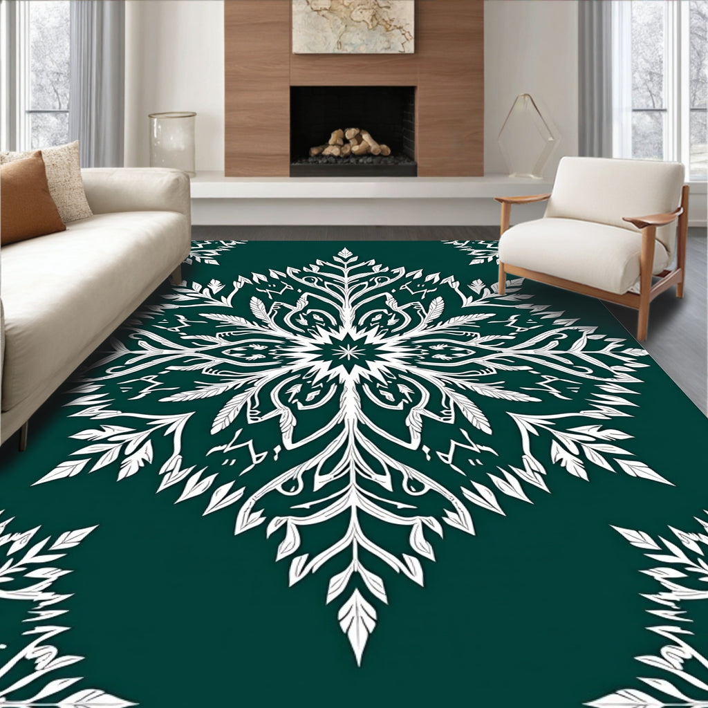 Deep Teal White Leafy Medallion Rug