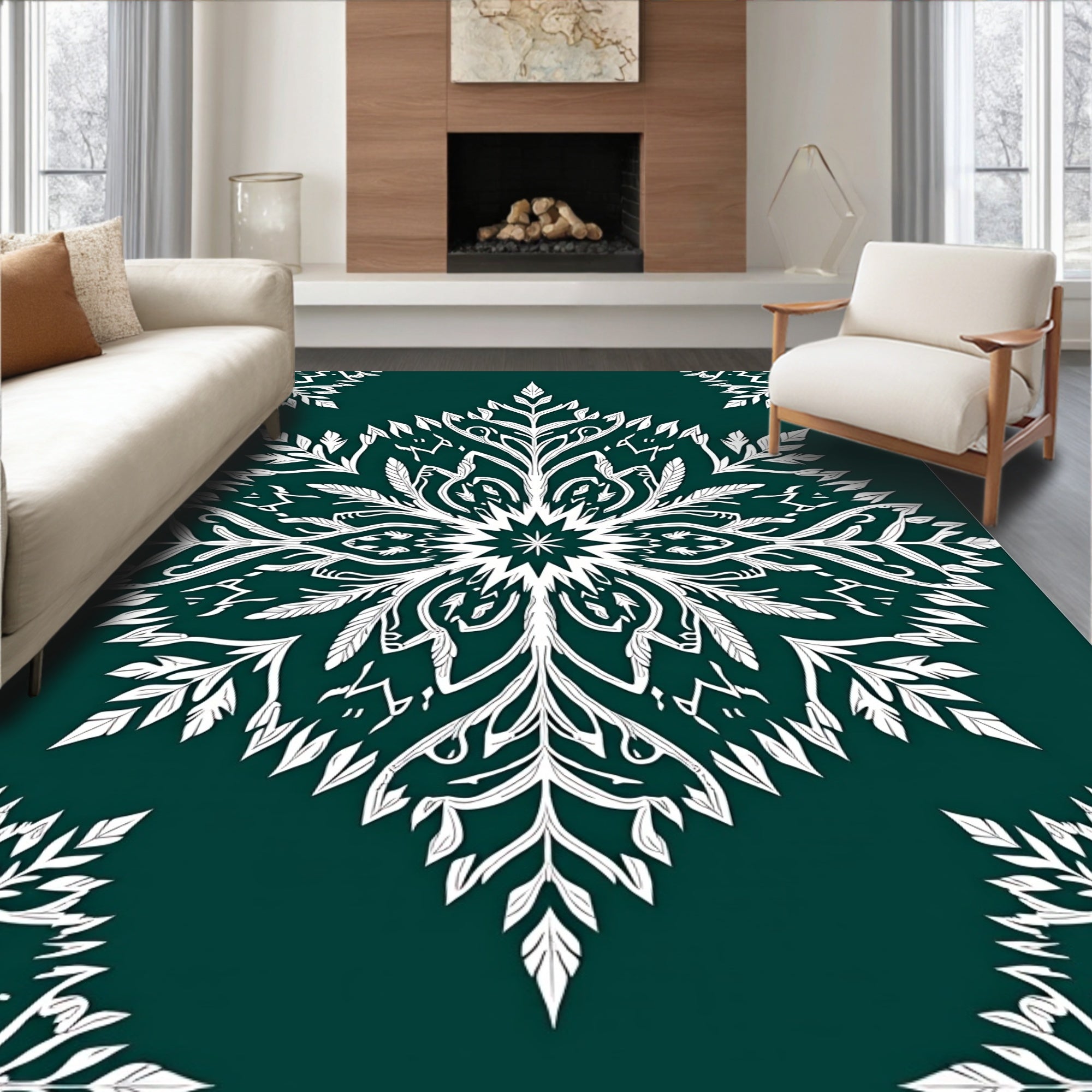 Deep Teal White Leafy Medallion Rug