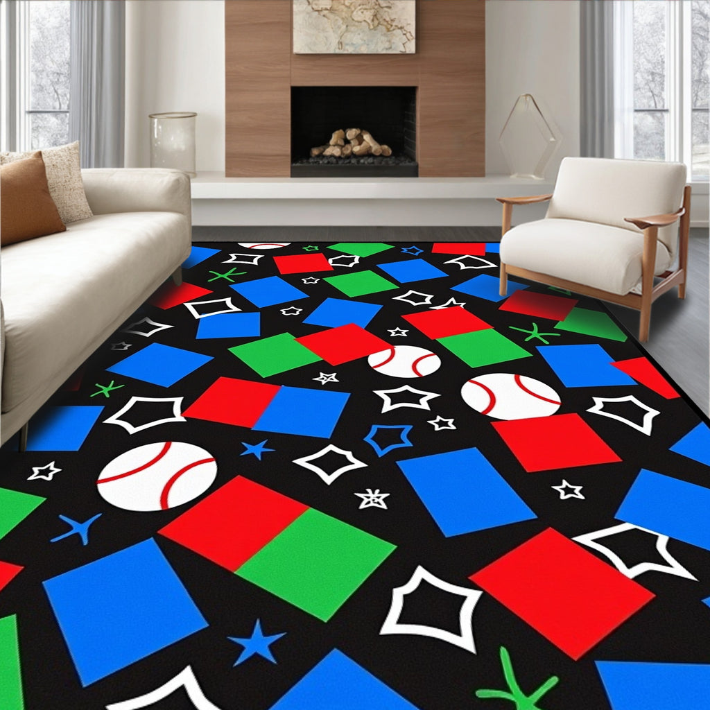 Playful Red Blue Green Sports Squares Rug