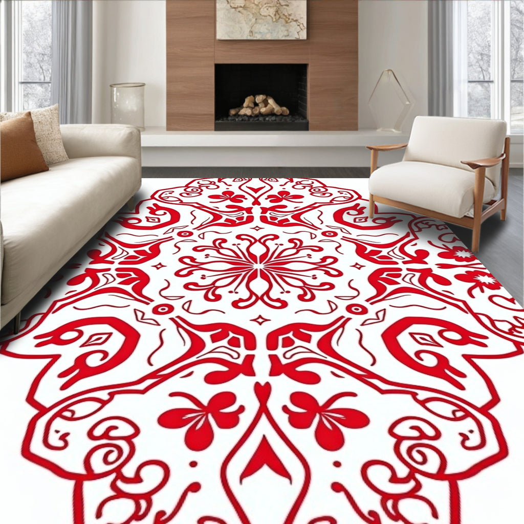 Rich Crimson Radial Floral Medallion Rug