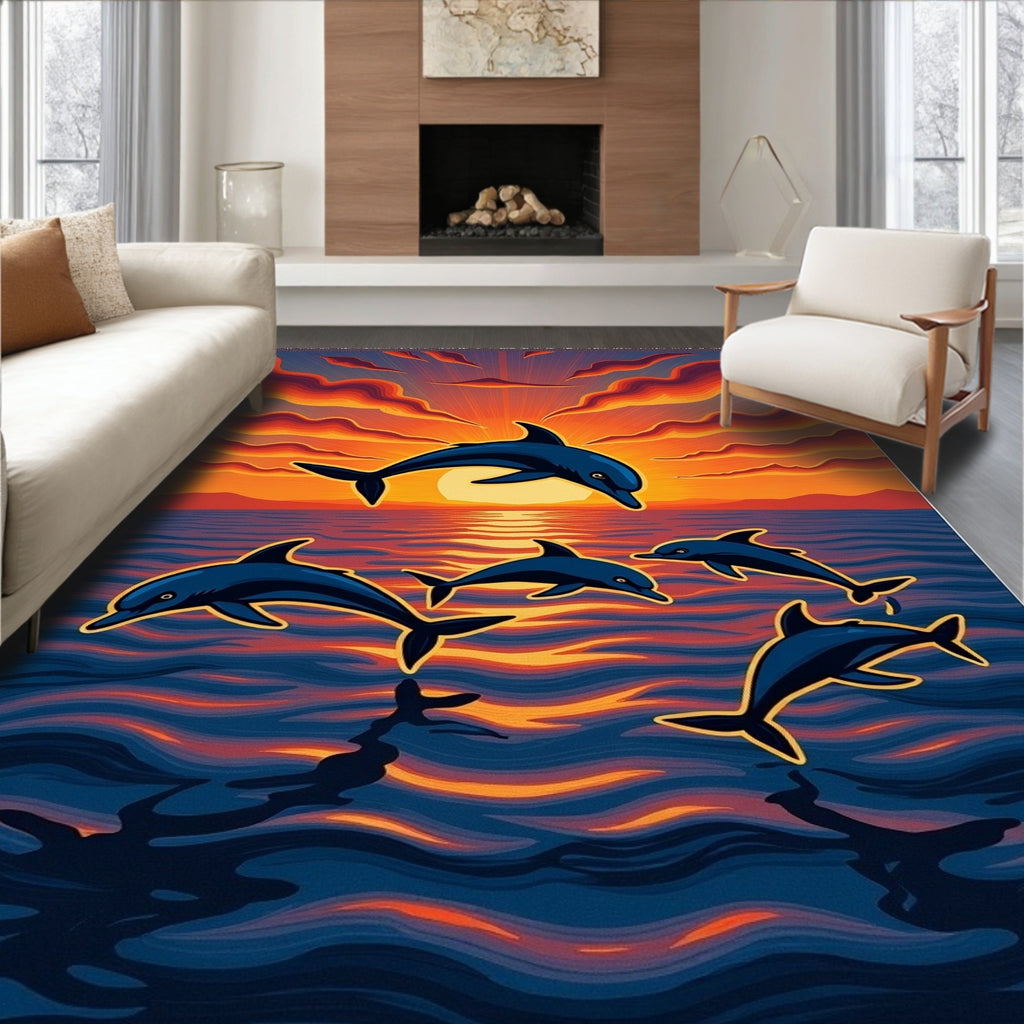 Dolphins Diving Through Sunset Waves Rug