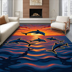 Dolphins Diving Through Sunset Waves Rug