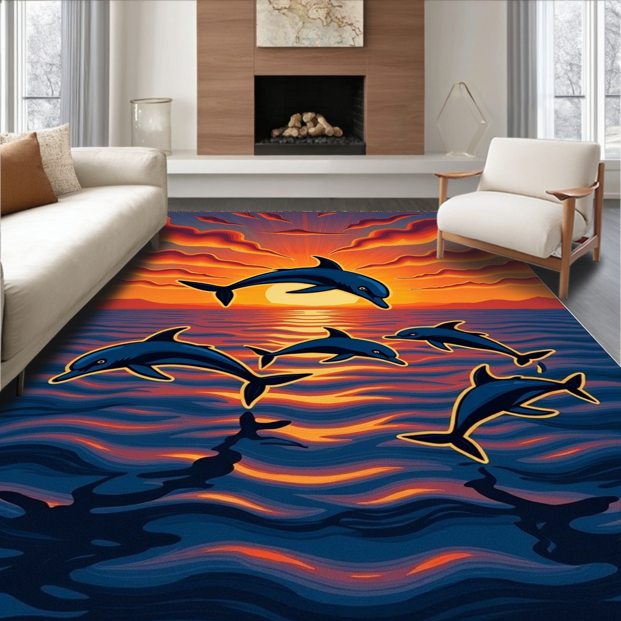 Dolphins Diving Through Sunset Waves Rug