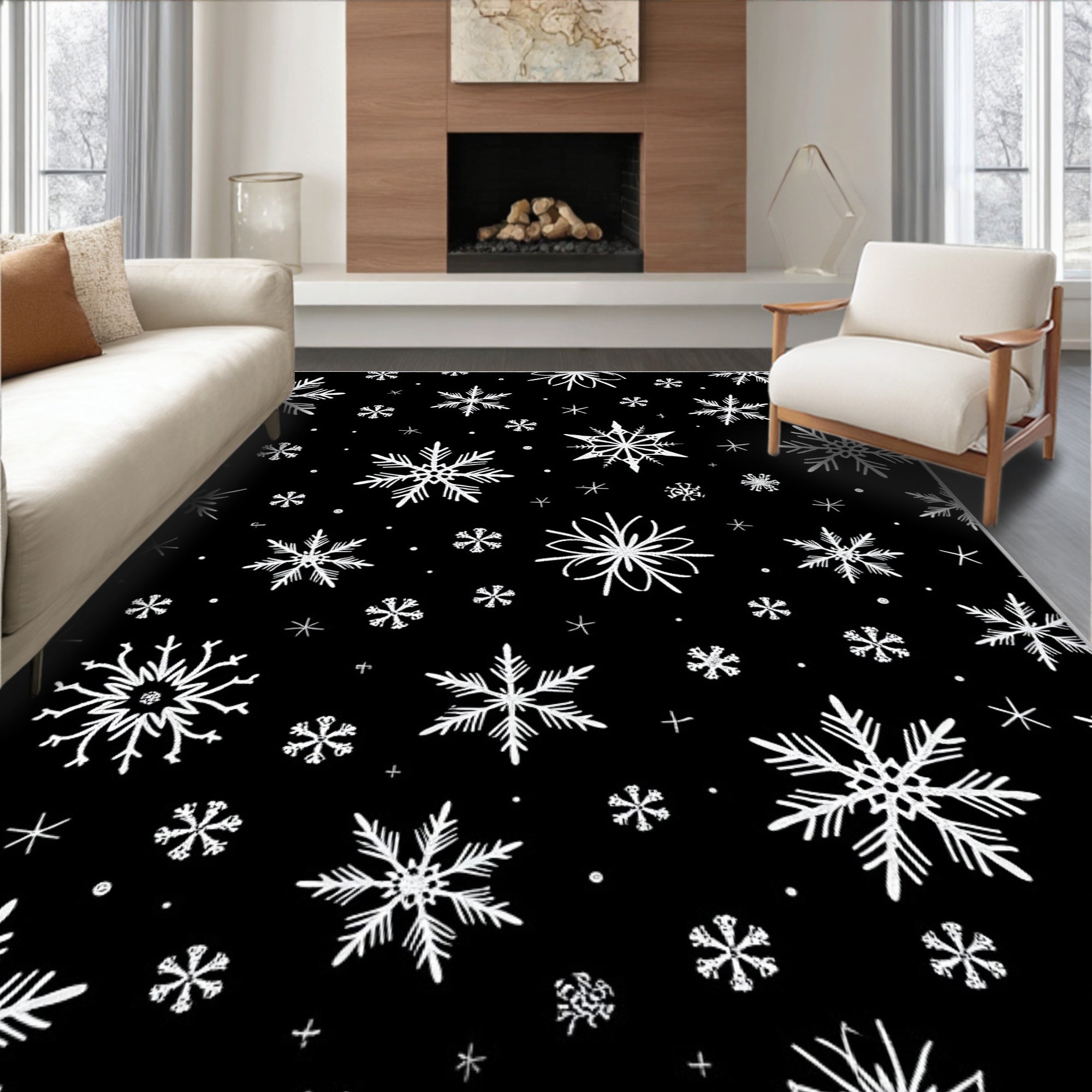 Black White Snowflake Scatter Rug