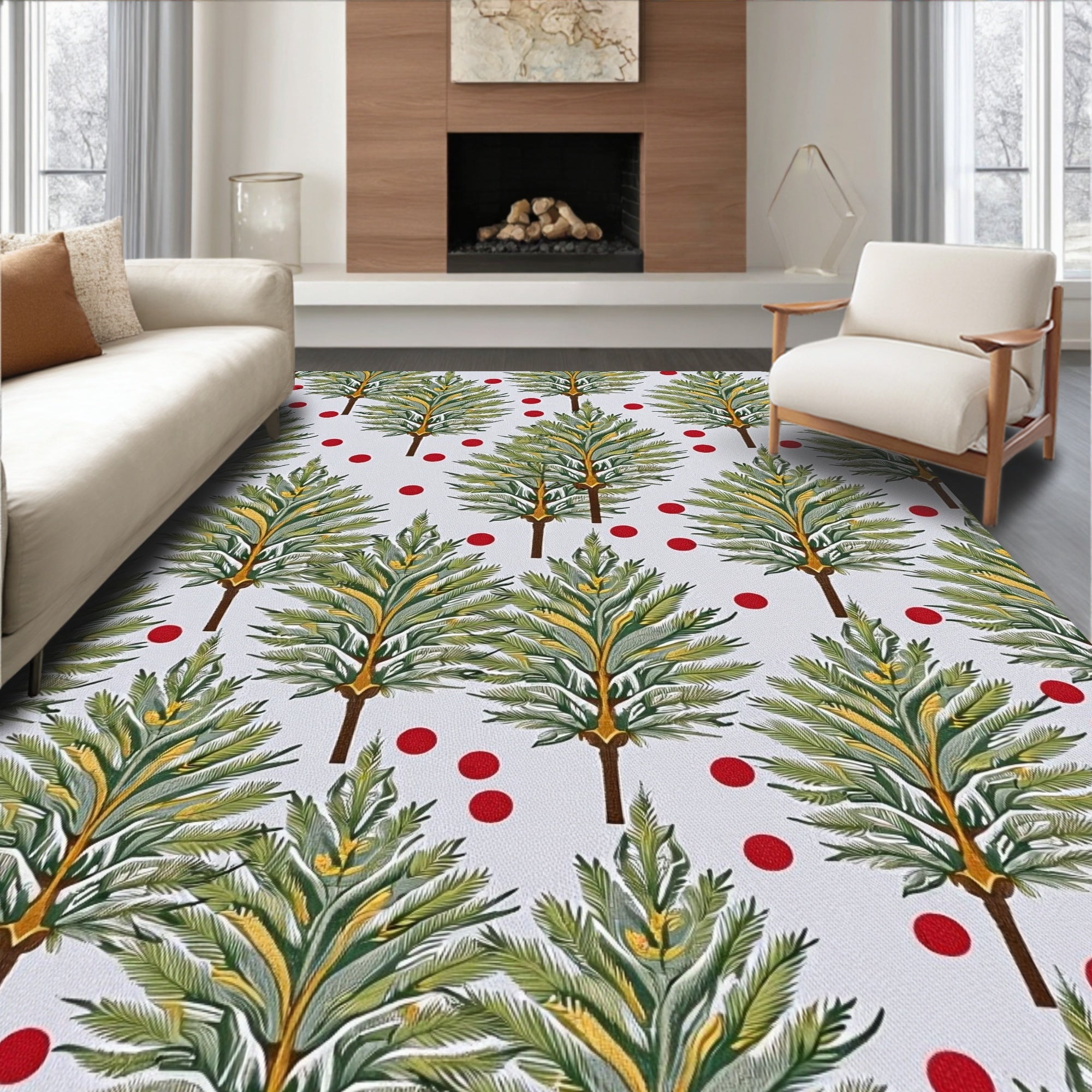Green Leafy Palm Trees Red Dots Rug